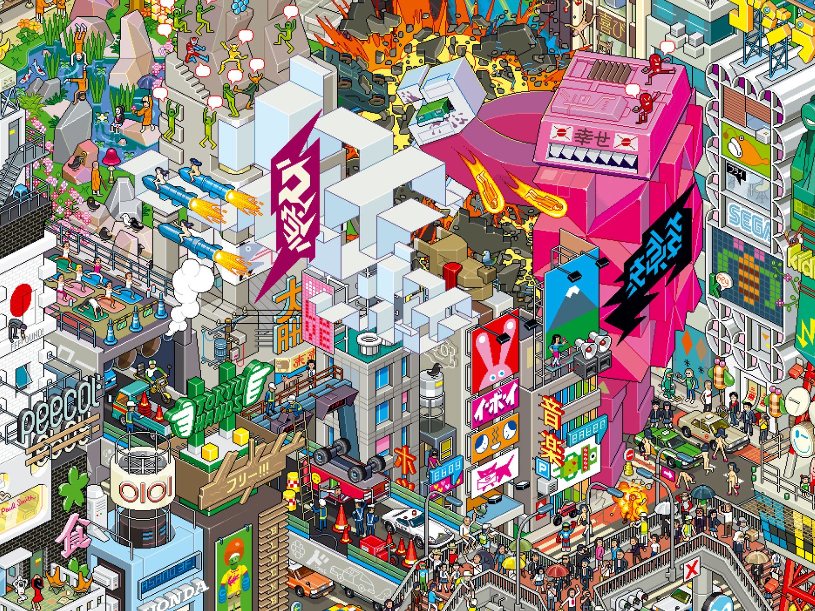 General 1600x1200 pixel art pixels city Japan mechs rocket artwork Hidden Object Game