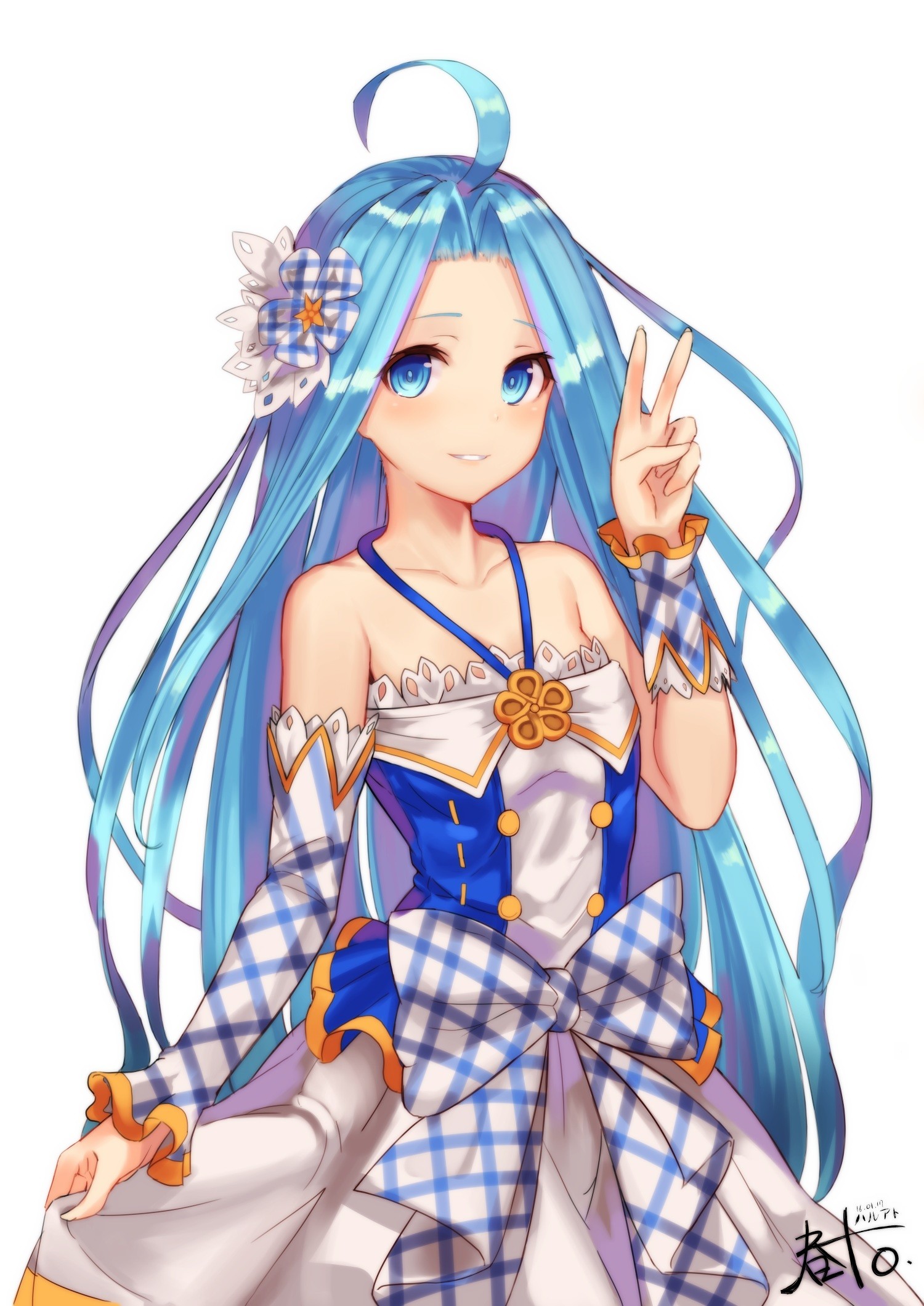 Anime 1500x2121 anime anime girls Granblue Fantasy dress blue hair long hair hand gesture white background simple background flower in hair blue eyes looking at viewer watermarked