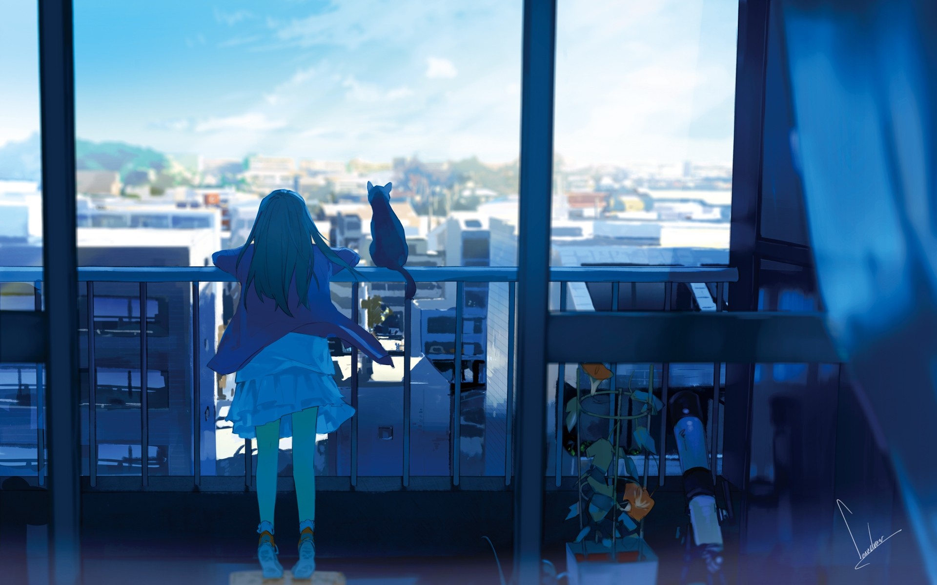Anime 1920x1200 anime girls city anime cats balcony cityscape moescape animals watermarked