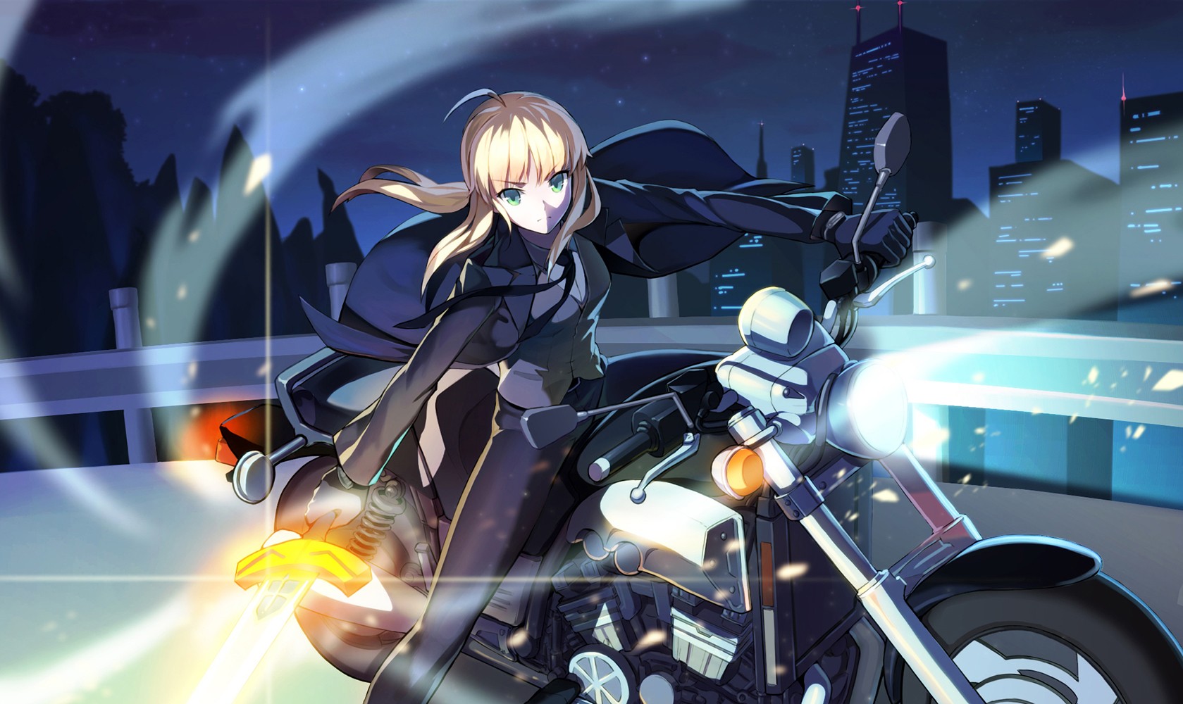 Anime 1679x1000 Fate series anime anime girls sword motorcycle Saber Fate/Zero blonde Artoria Pendragon vehicle women with motorcycles suits