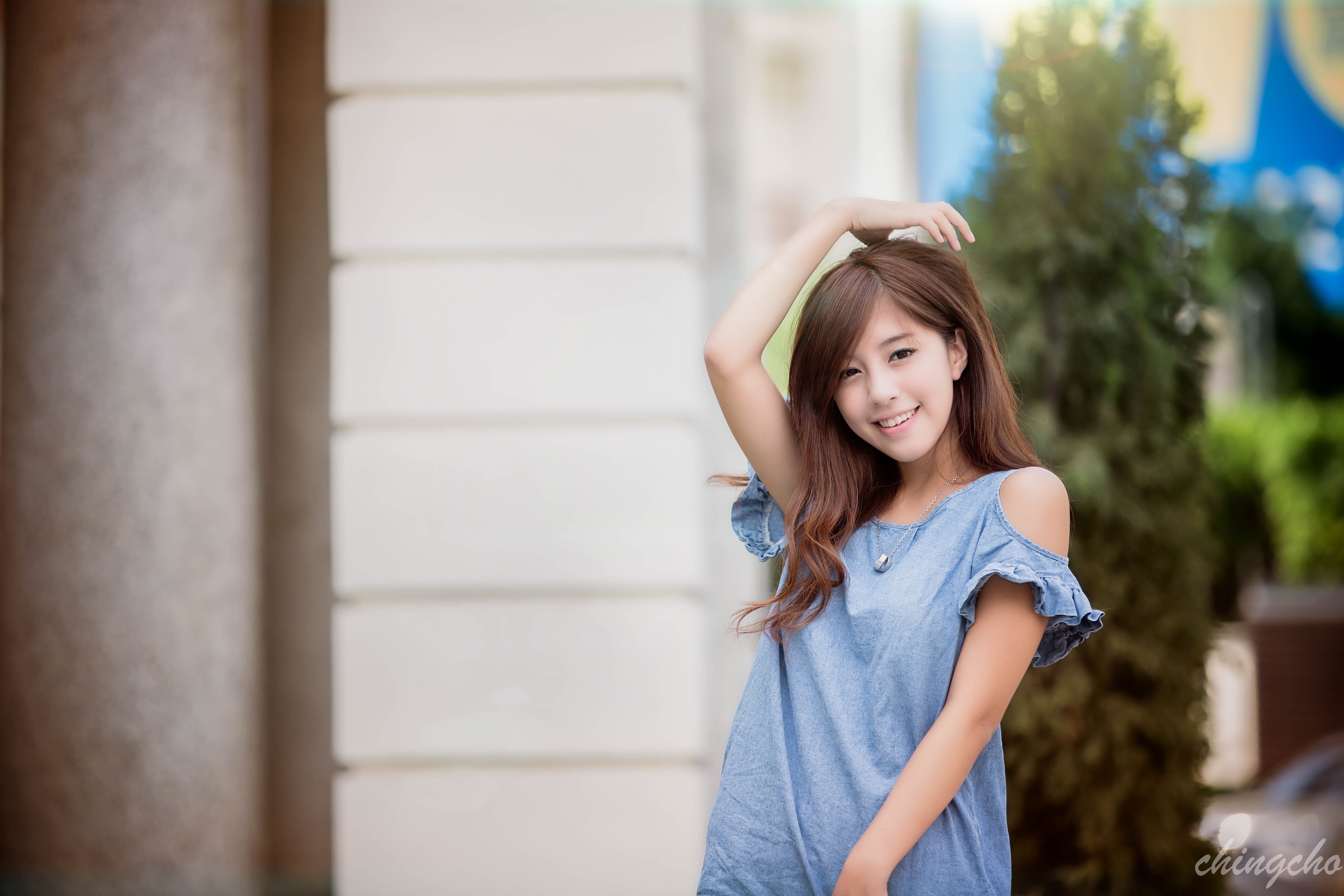 People 5760x3840 chingcho Asian women blue tops brunette looking at viewer hands in hair women outdoors Chinese women