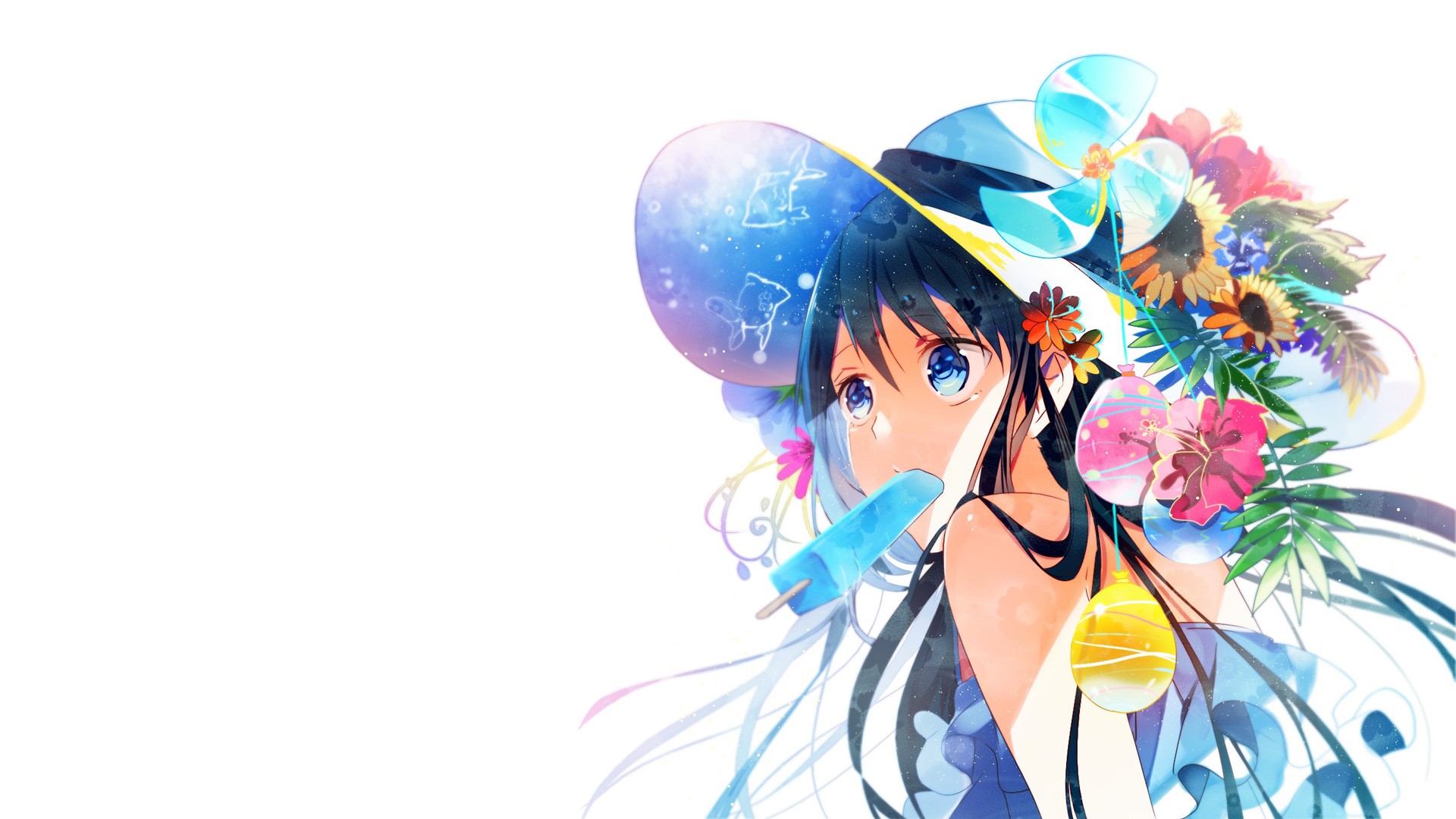 Anime 1920x1080 anime original characters summer anime girls food sweets suggestive hat flowers women black hair white background simple background women with hats blue eyes popsicle ice cream sun hats