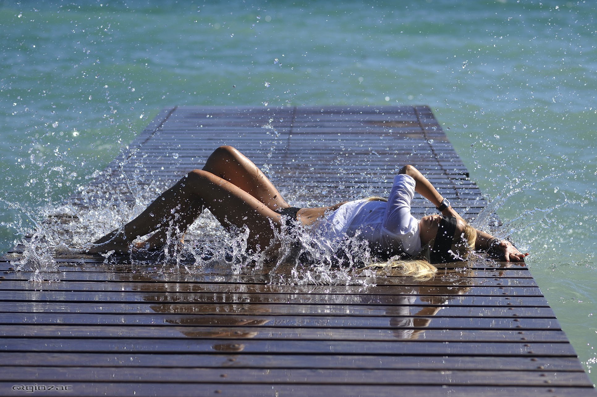 People 1932x1285 water wet body women outdoors women model blindfold outdoors water splash pier thighs legs watermarked Giovanni Zacche