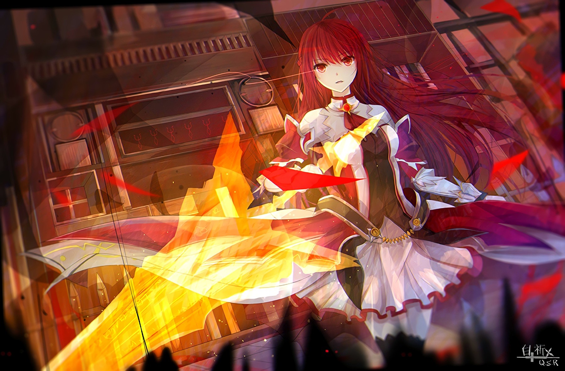 Anime 1800x1182 anime anime girls Elsword sword weapon long hair redhead red eyes Pixiv fantasy art fantasy girl