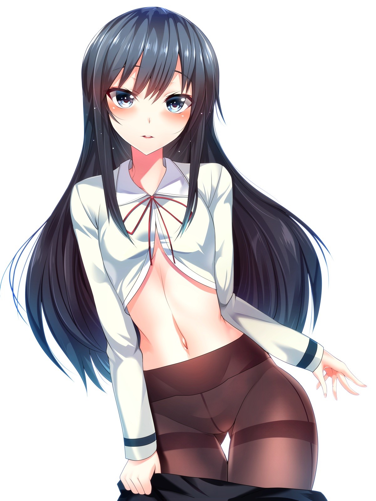 Anime 1200x1600 anime anime girls long hair Kantai Collection Asashio (kancolle) undressing blue eyes black hair Silly (artist) pantyhose standing white background simple background women belly black pantyhose looking at viewer