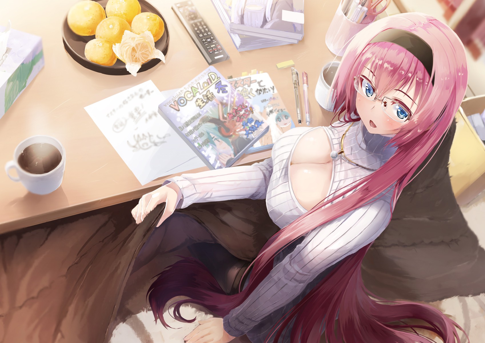 Anime 1697x1200 anime anime girls Vocaloid Megurine Luka long hair pink hair cleavage Pixiv food fruit cup coffee boobs big boobs women with glasses sitting desk TV Remote blue eyes cleavage cutout open shirt sweater keyhole turtleneck drink bright