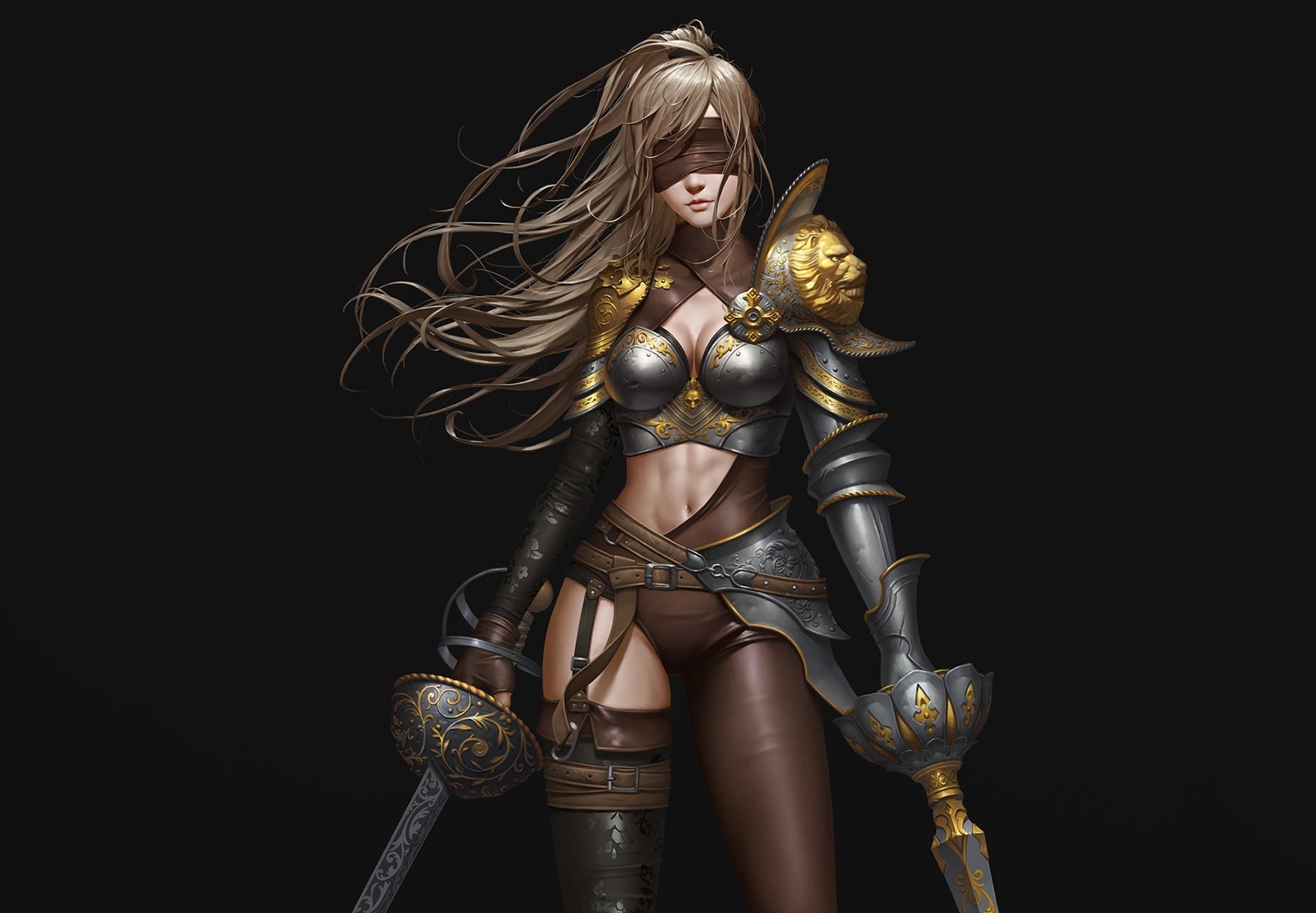 General 1920x1332 fantasy girl black background simple background fantasy art belly button abs armored woman blindfold women armor standing women with weapons sword lance long hair brunette