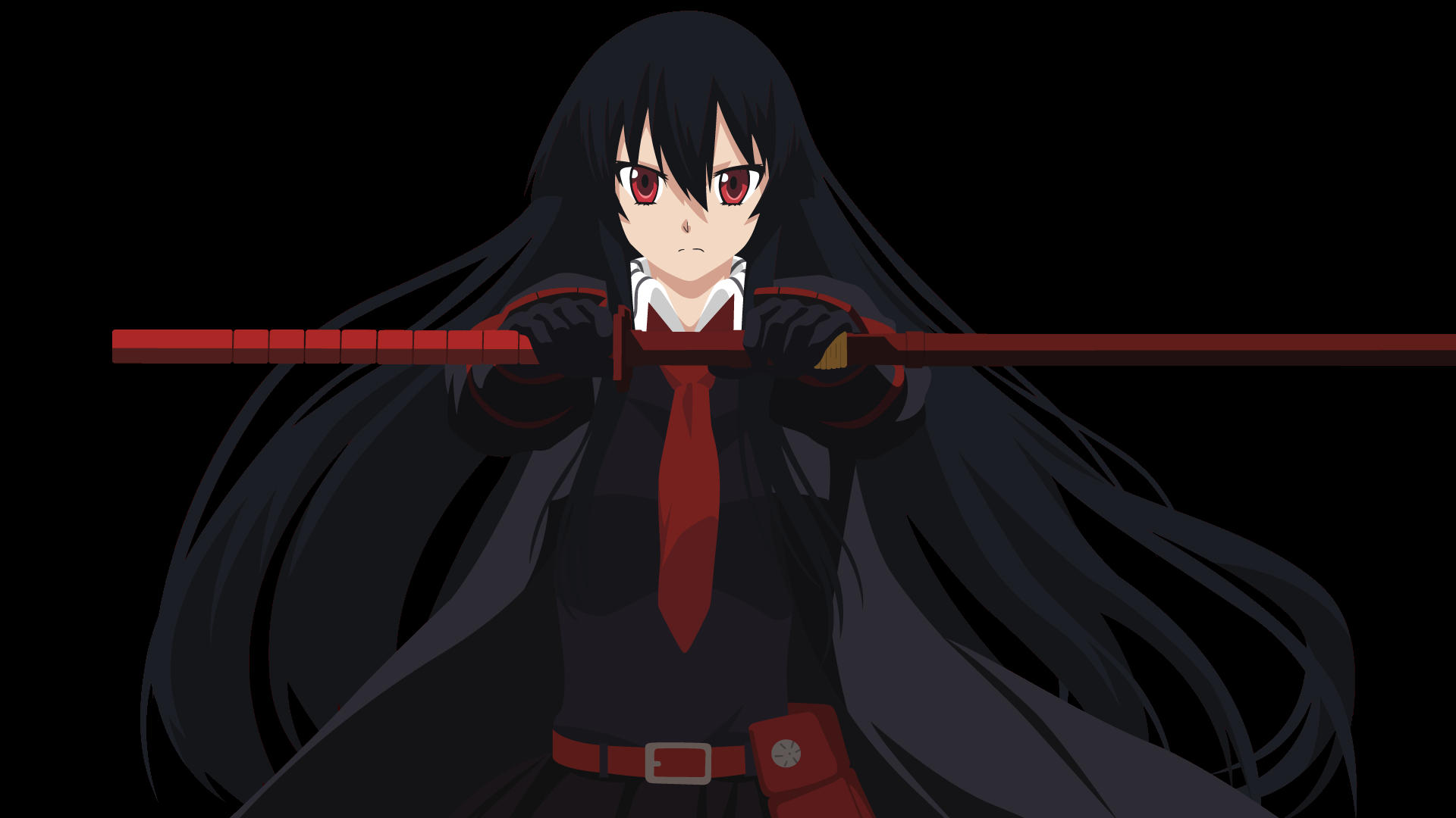 Anime 1920x1080 Akame Akame ga Kill! anime katana anime girls women angry face women with swords girls with guns black background black hair long hair red eyes tie looking at viewer simple background hair in face