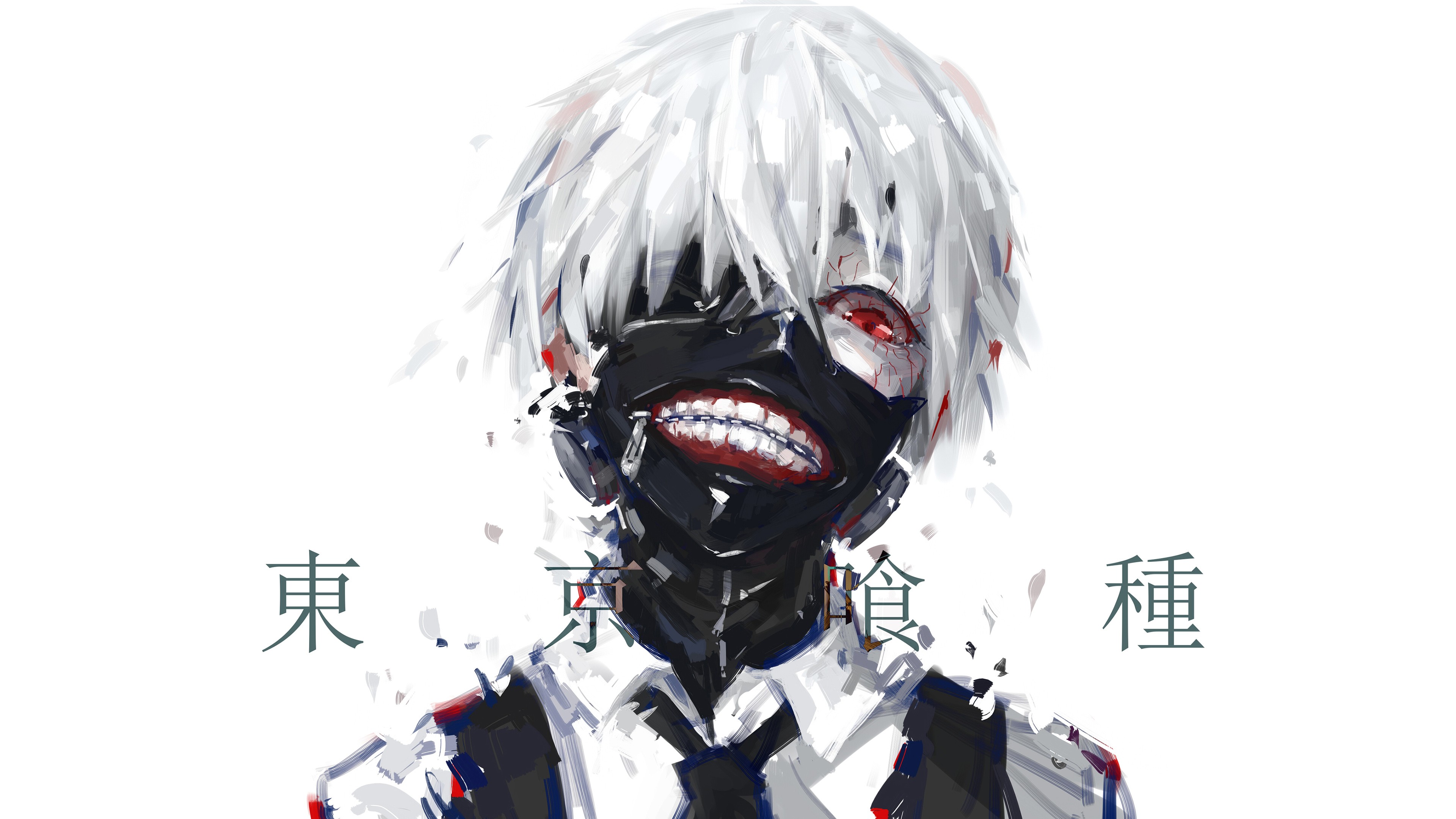 Anime 3840x2160 anime Tokyo Ghoul Kaneki Ken face mask white background red eyes looking at viewer anime boys