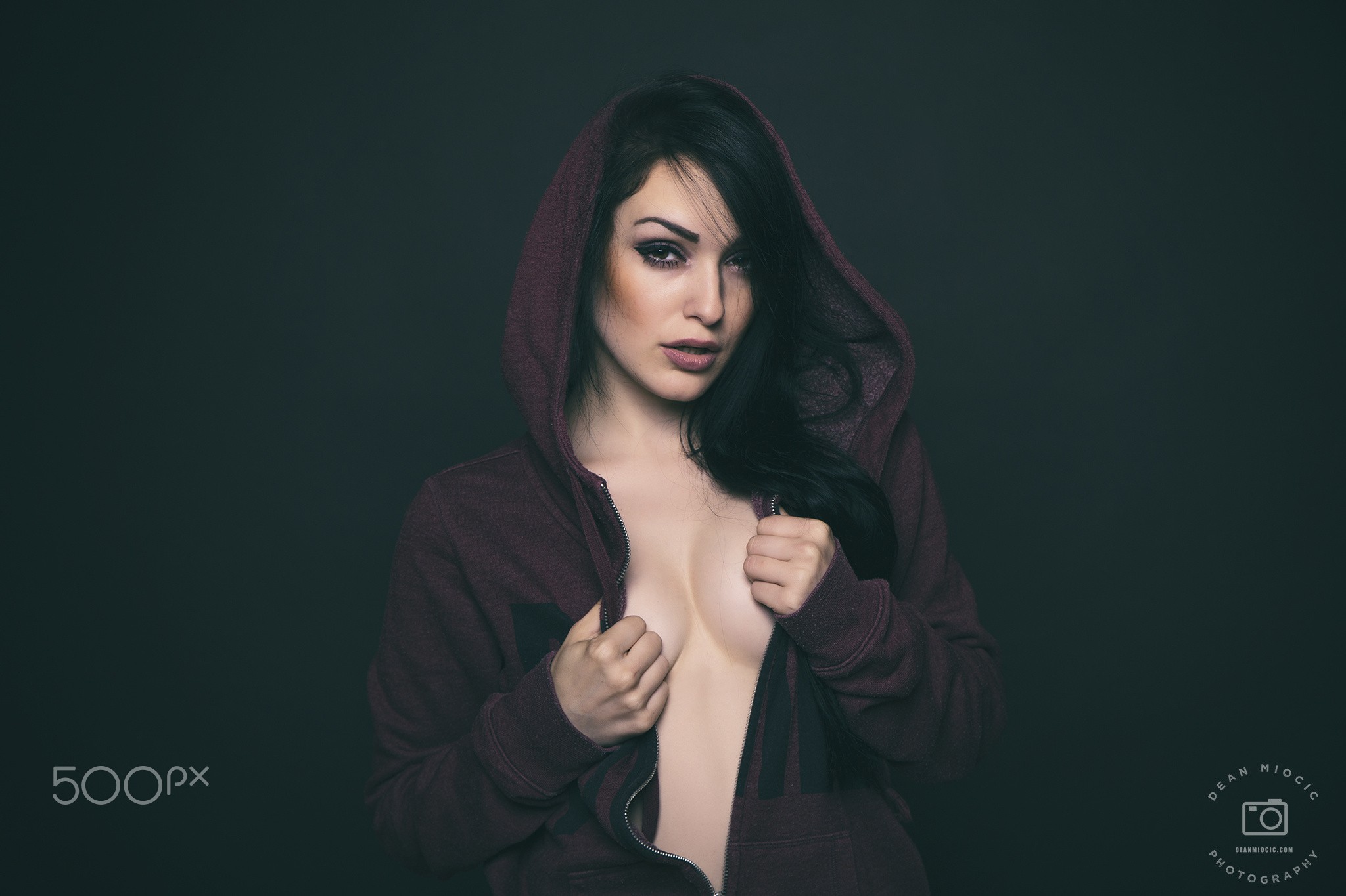 People 2048x1365 women hoods face portrait simple background black hair 500px open shirt cleavage dark background boobs long hair