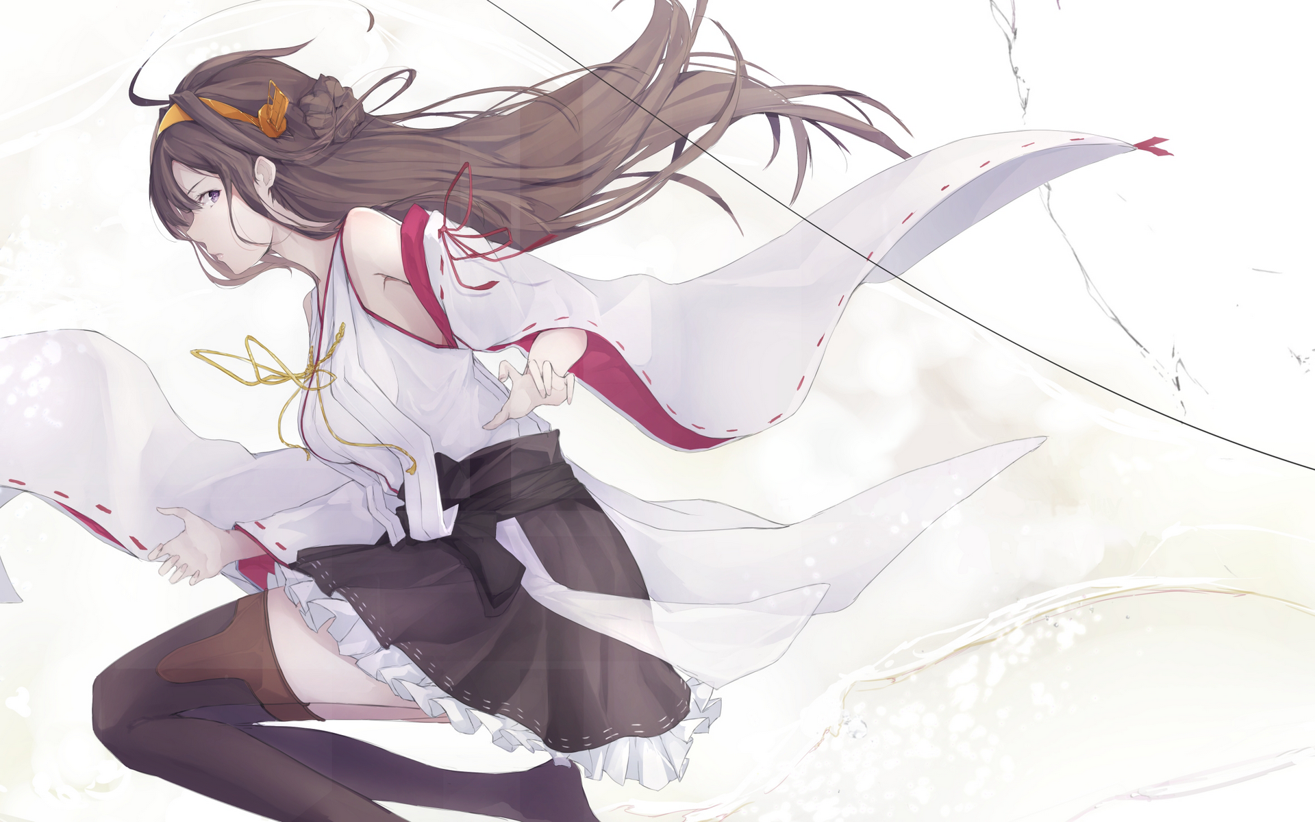 Anime 1920x1200 skirt dress original characters Kantai Collection thigh-highs Kongou (KanColle) anime women anime girls stockings black stockings long hair hair in face white background simple background