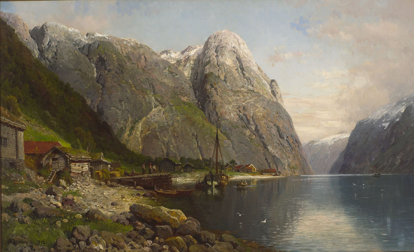General 1320x803 painting landscape Norway village fjord river mountains clouds Anders Askevold