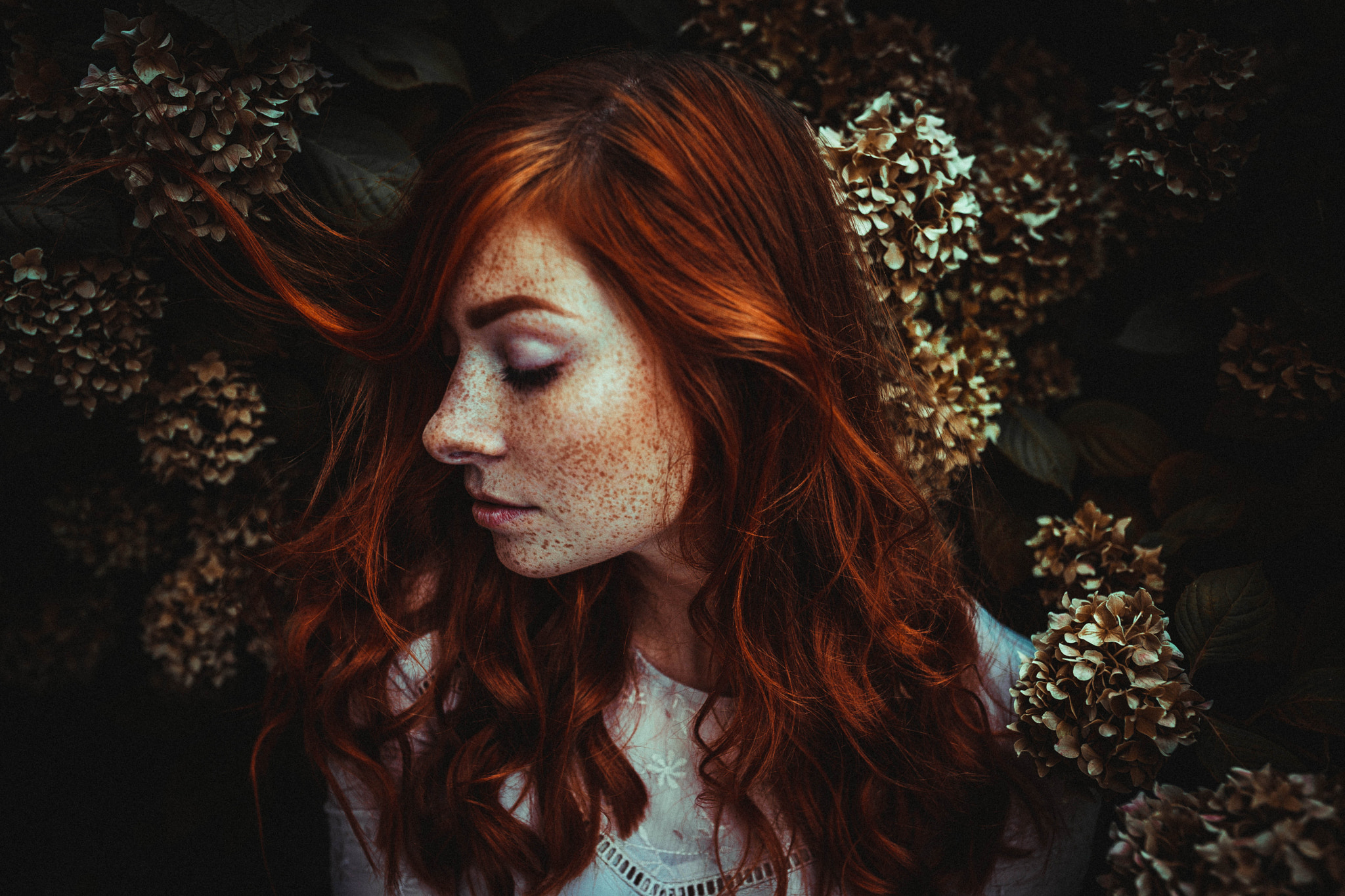 People 2048x1365 women redhead closed eyes freckles face white shirt flowers Dominic Krug profile Michelle Ramone