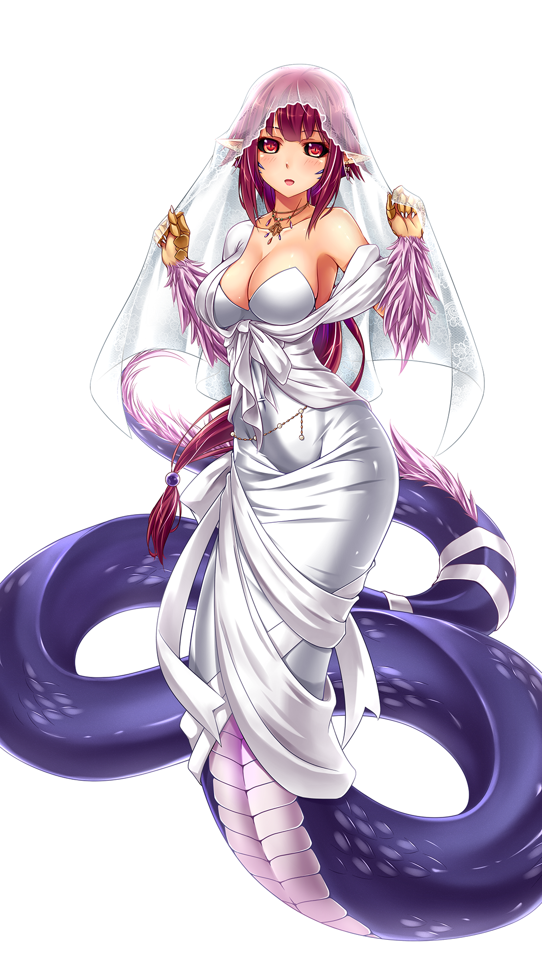 Anime 1080x1920 anime anime girls cleavage Lamia long hair white dress red eyes necklace