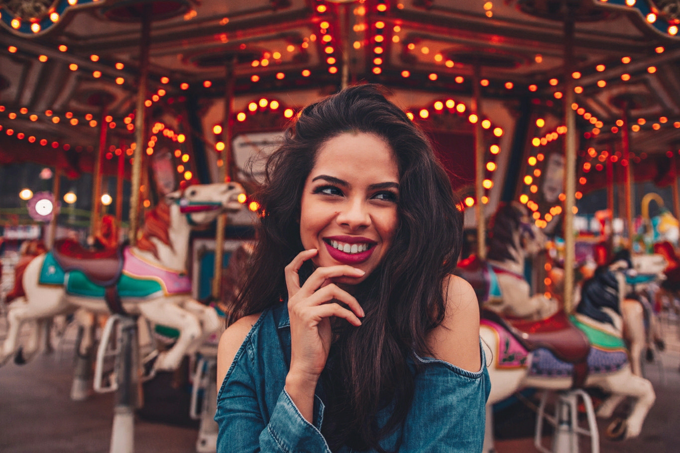 People 1366x911 women brunette brown eyes smiling hand on face denim shirt portrait carousels Jean Franco Tinoco face closeup lipstick looking away theme parks long hair model
