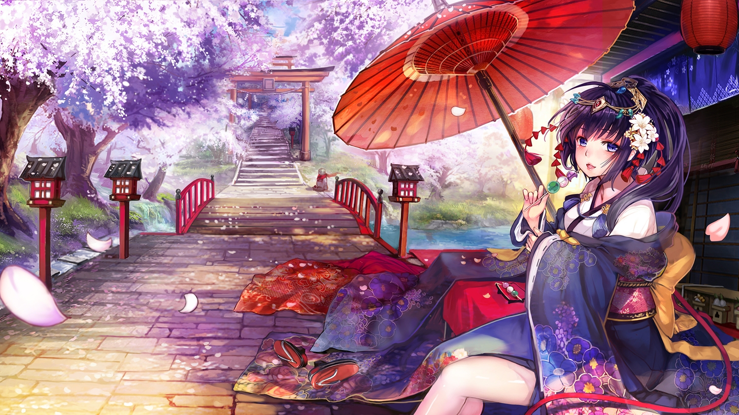 Anime 1500x844 anime girls kimono umbrella bridge