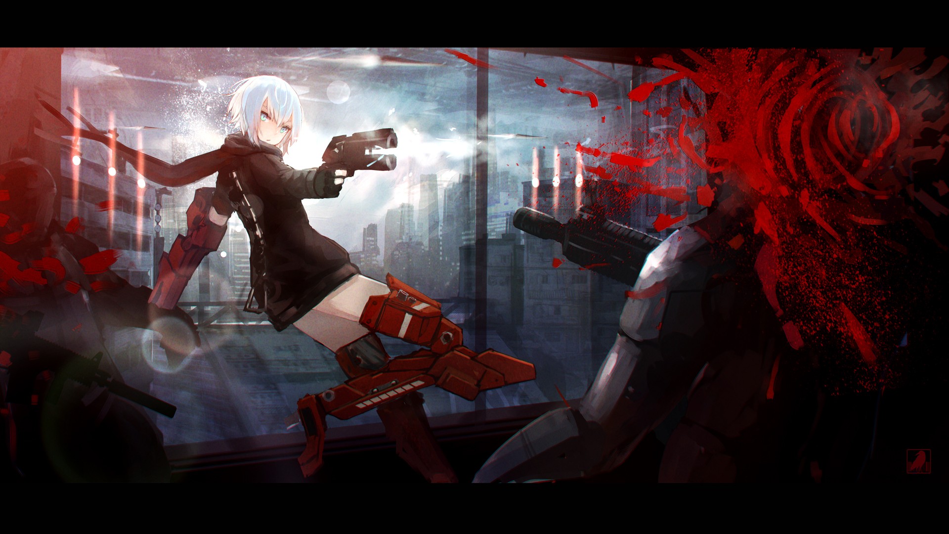 Anime 1920x1080 anime girls gun white hair blood shooting murder fighting cybernetics cyborg bullet shot blood spatter