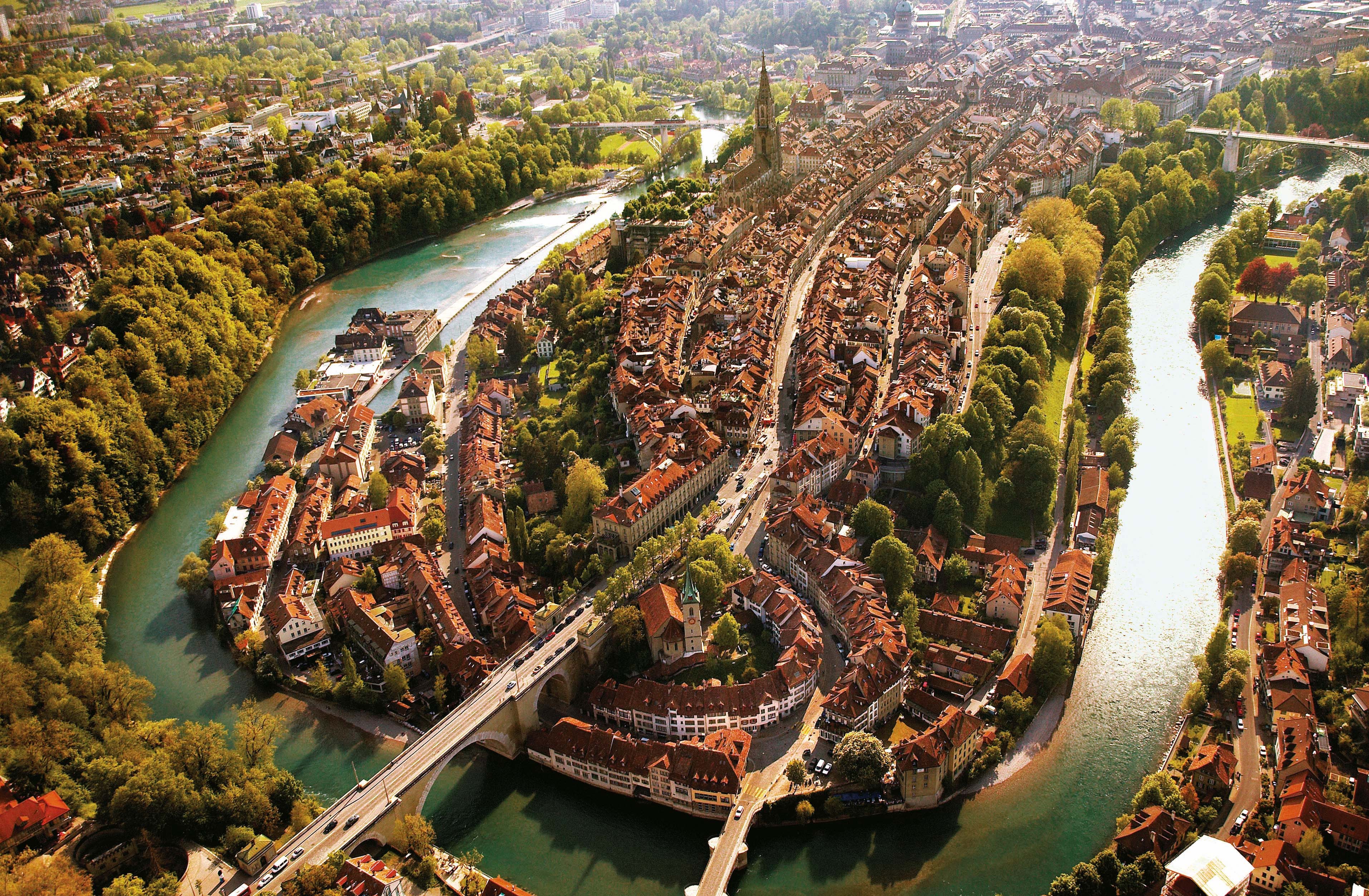 General 3827x2505 city river bridge Bern Switzerland idyllic aerial view