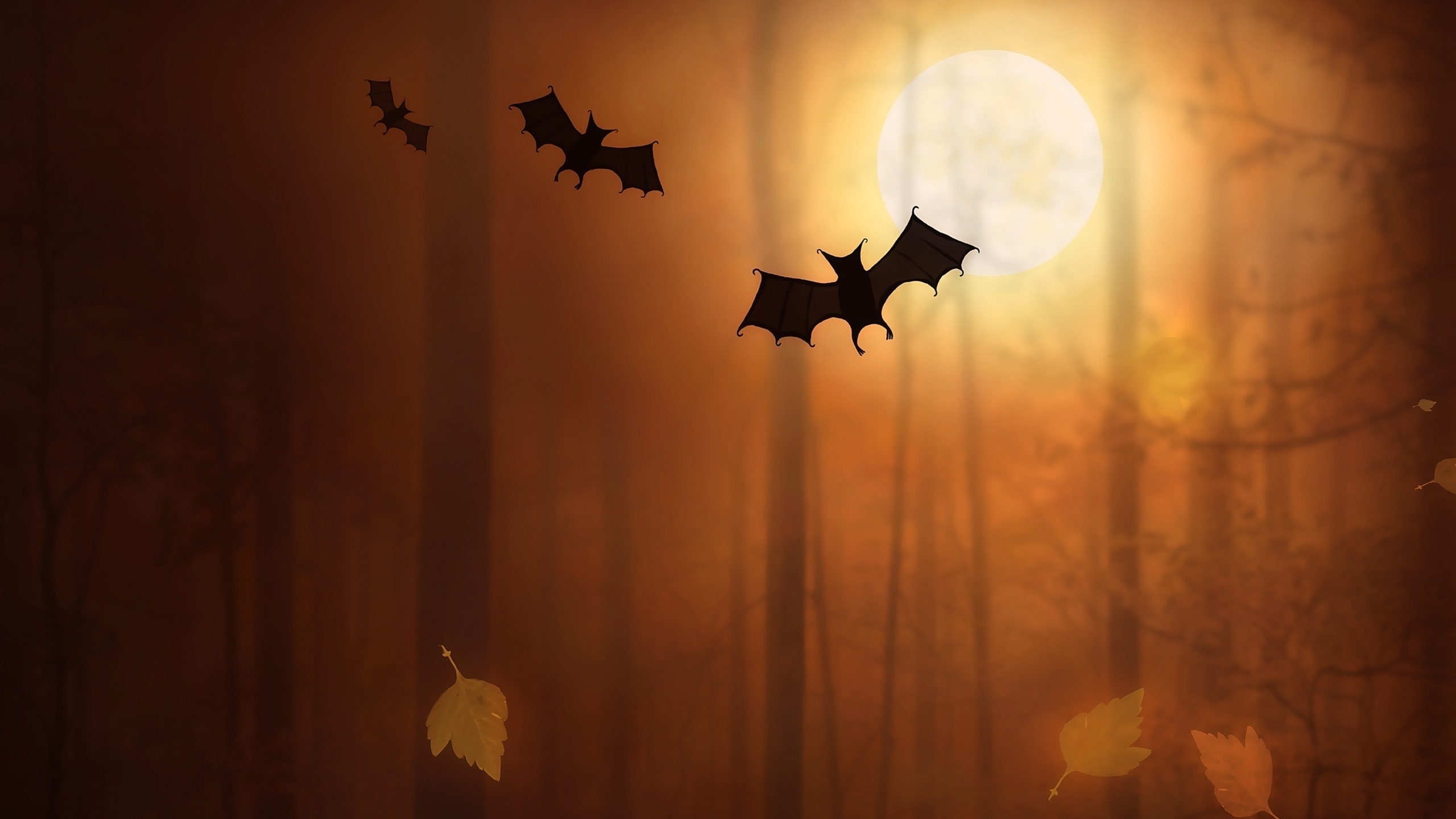 General 2560x1440 night Moon trees fallen leaves bats digital art silhouette