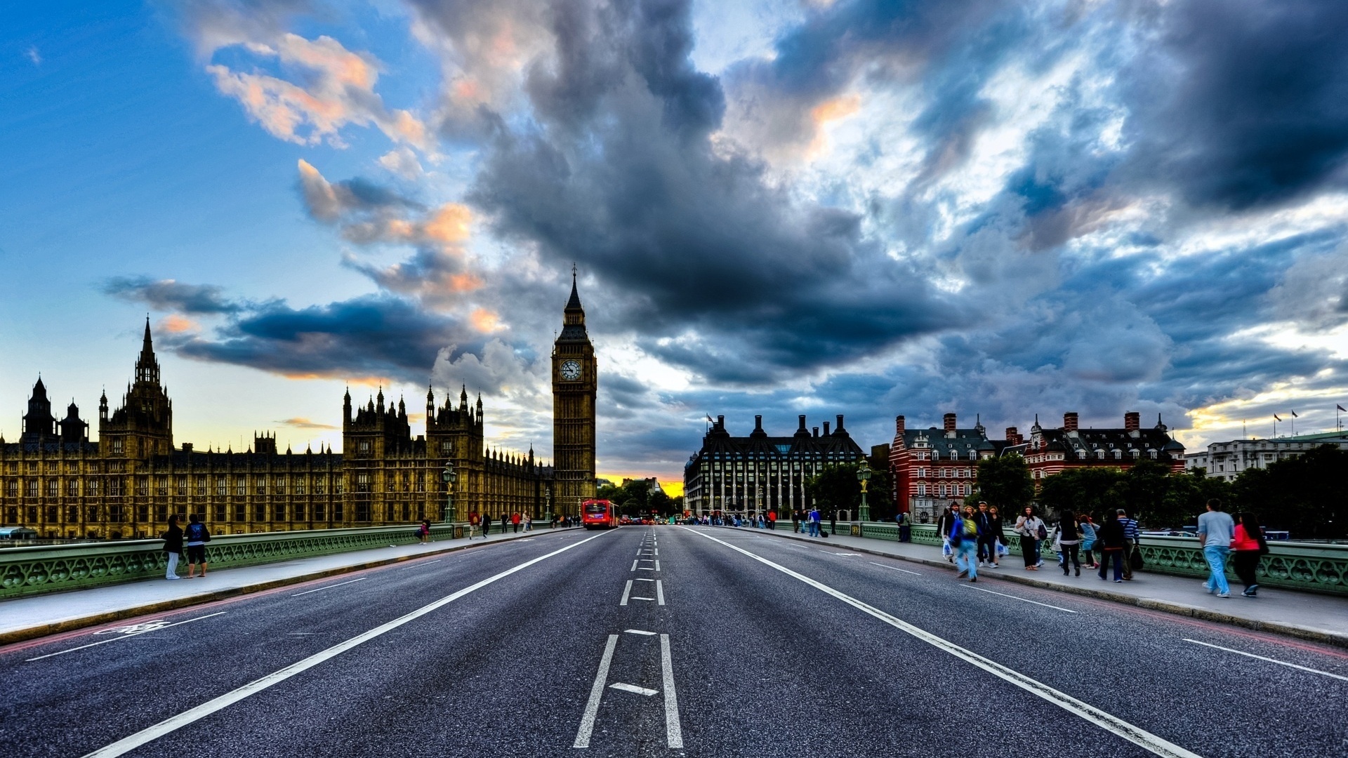 General 1920x1080 London UK road bridge Big Ben cityscape clouds sky Westminster landmark Europe