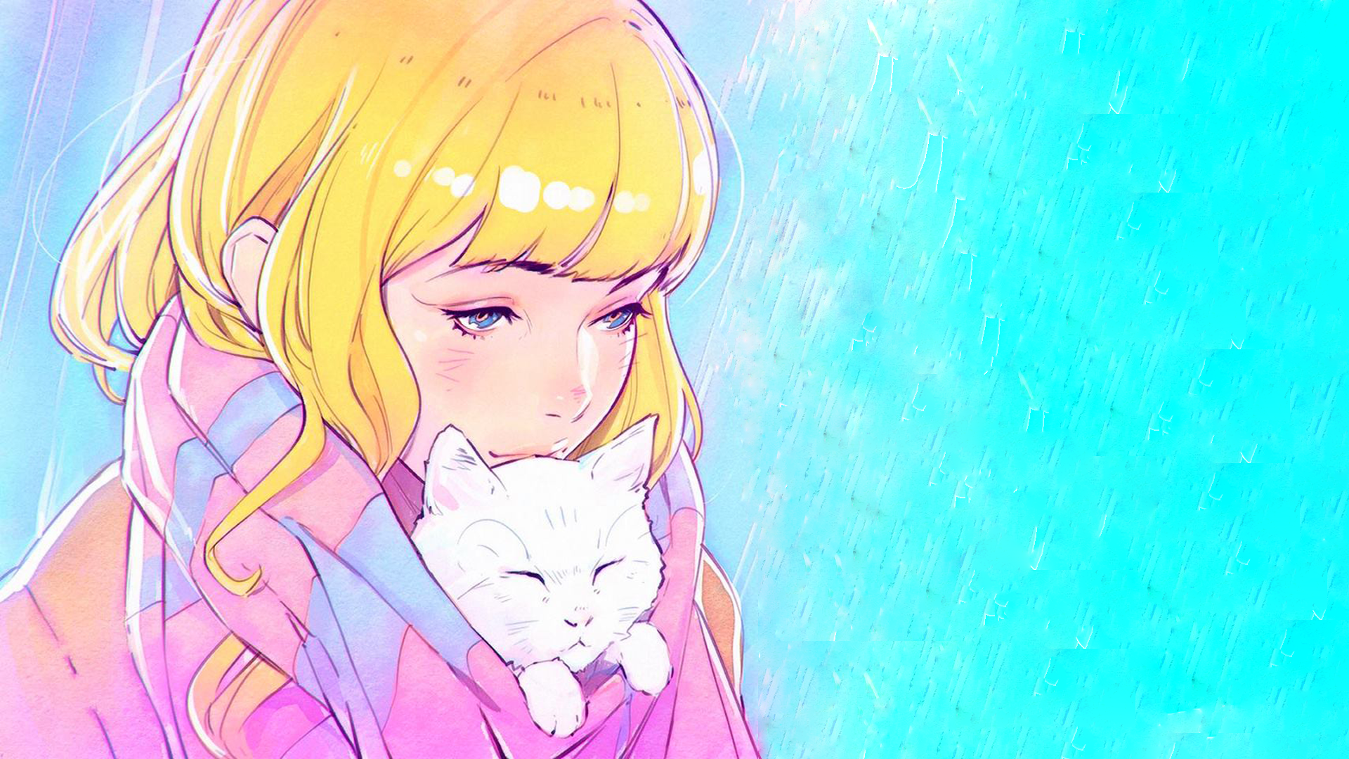 Anime 1920x1080 anime Ilya Kuvshinov anime girls blonde drawing cats cyan cyan background