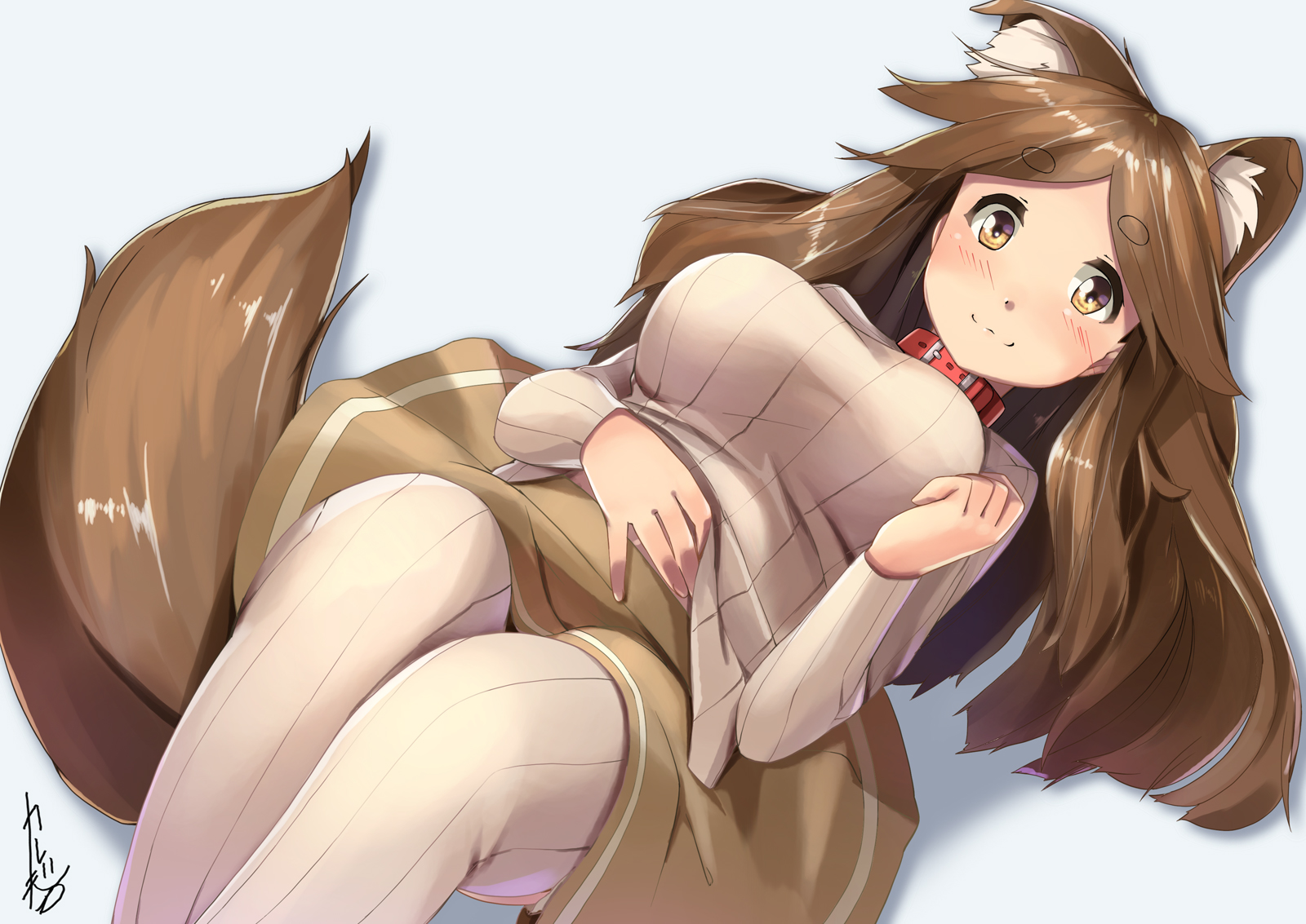 Anime 1600x1133 boobs white background animal ears blushing brown eyes brunette dog girls long hair skirt tail thigh-highs collar