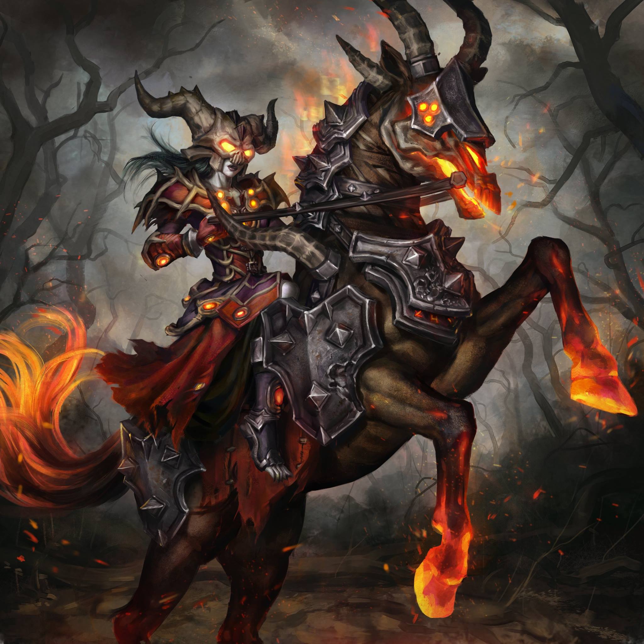 General 2048x2048 World of Warcraft undead Warlock horse fire World of Warcraft: Legion PC gaming glowing eyes fantasy art video game art