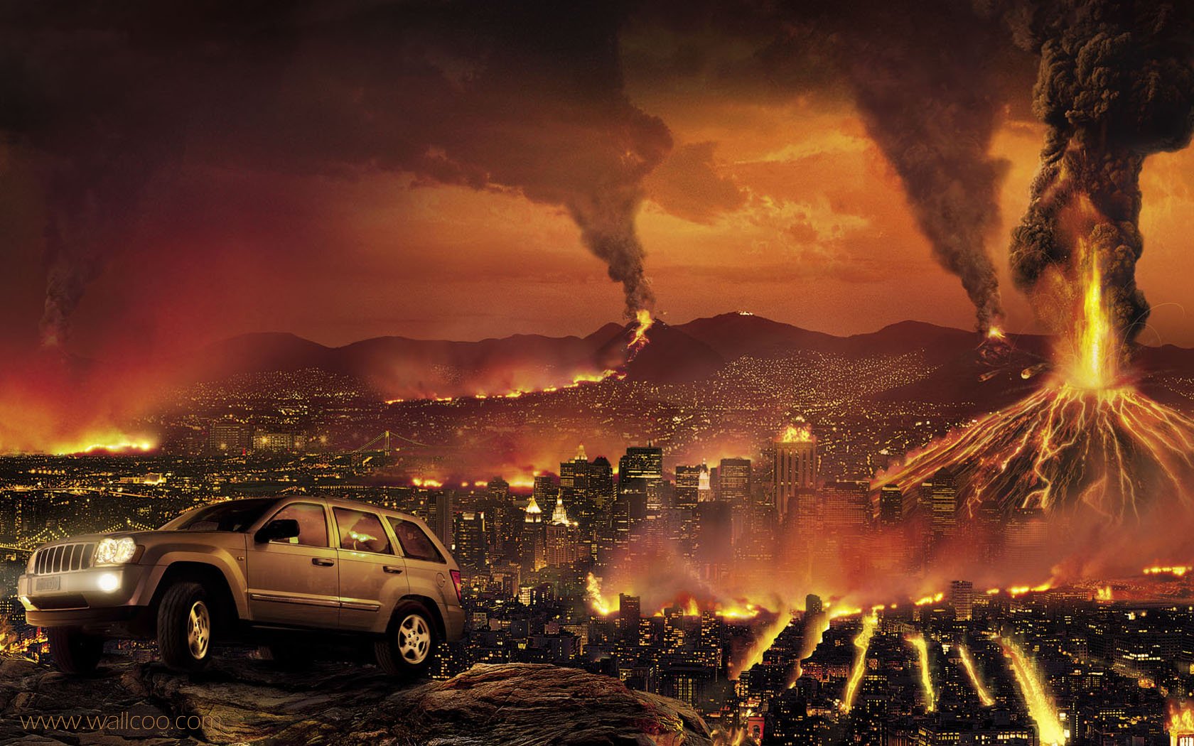 General 1680x1050 photoshopped digital art car apocalyptic fire vehicle volcanic eruption volcano sky cityscape burning Jeep Grand Cheeroke Jeep