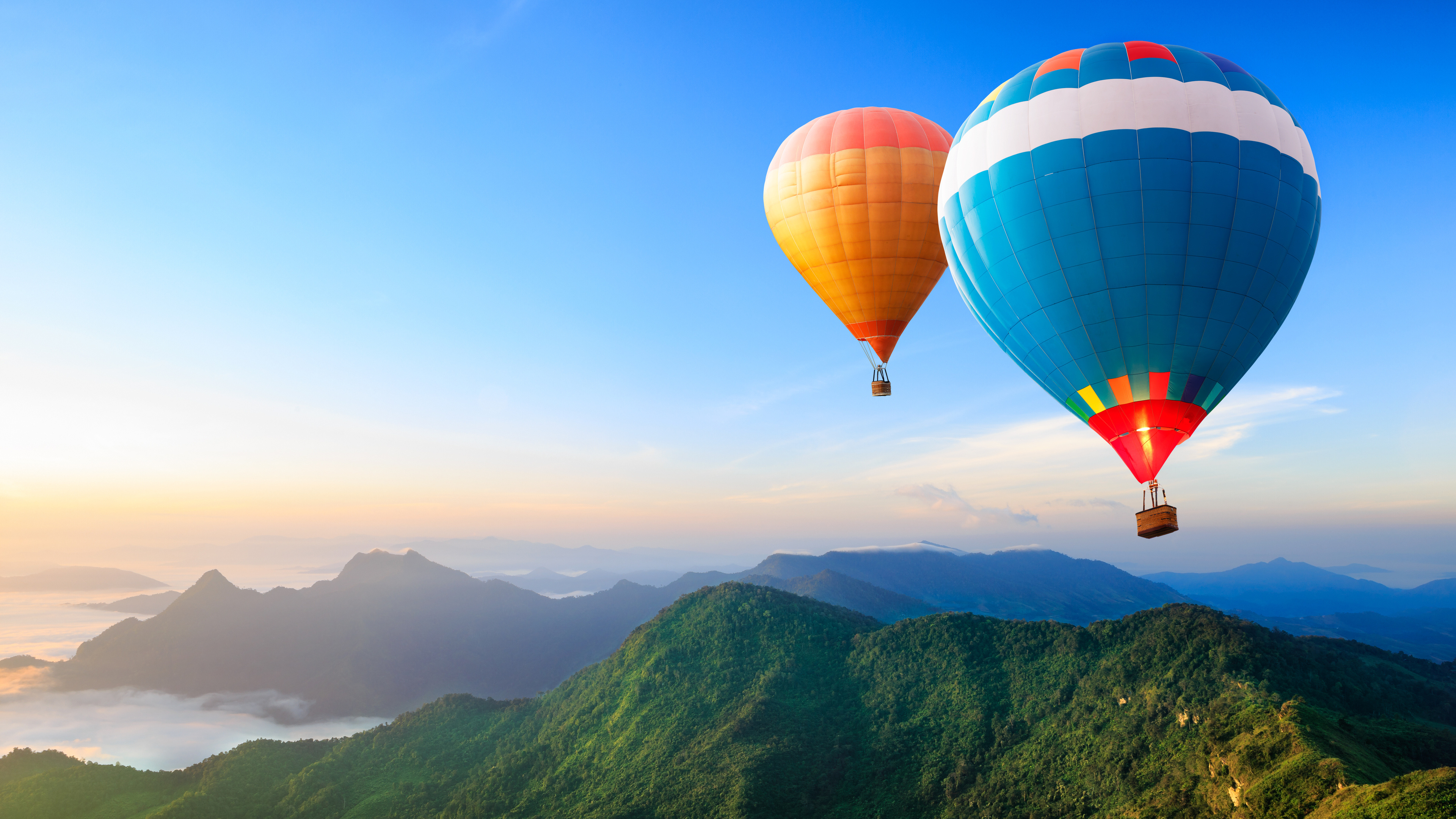 General 3840x2160 hot air balloons landscape nature mountains aerial view clouds sunset forest trees sky blue orange green vehicle