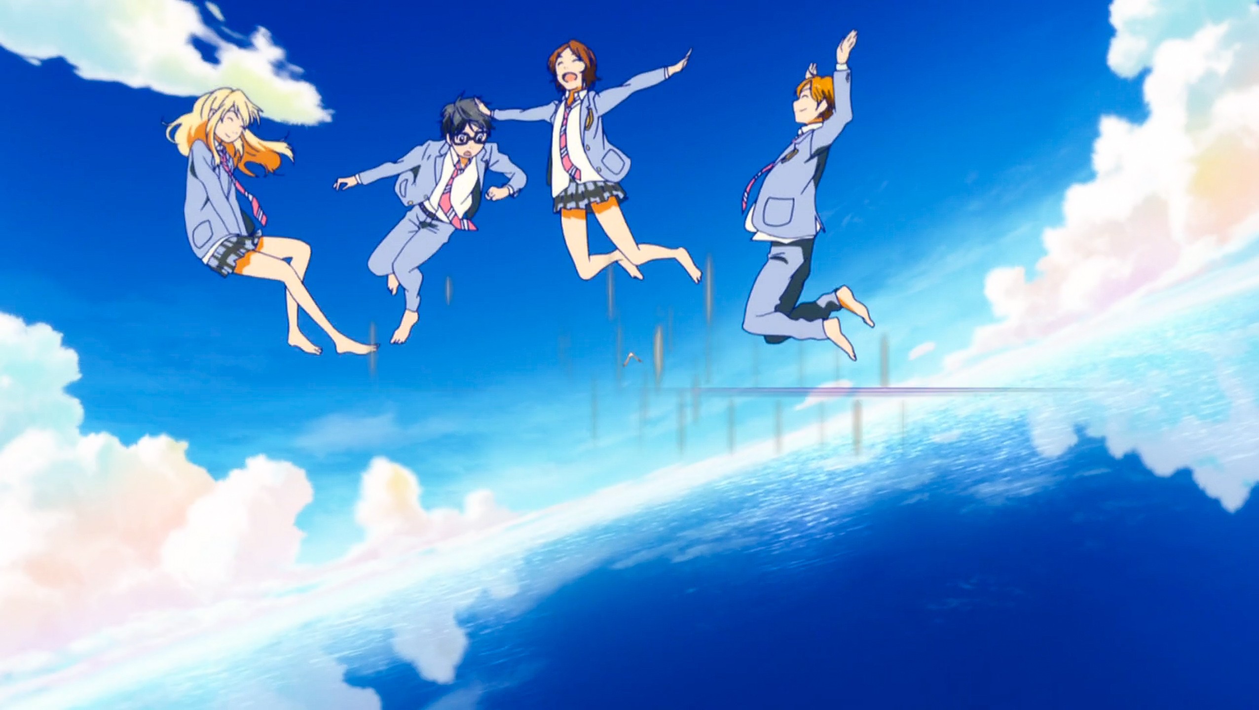 Anime 2552x1440 Shigatsu wa Kimi no Uso Sawabe Tsubaki Miyazono Kaori Arima Kousei anime girls tie skirt anime sky anime boys anime