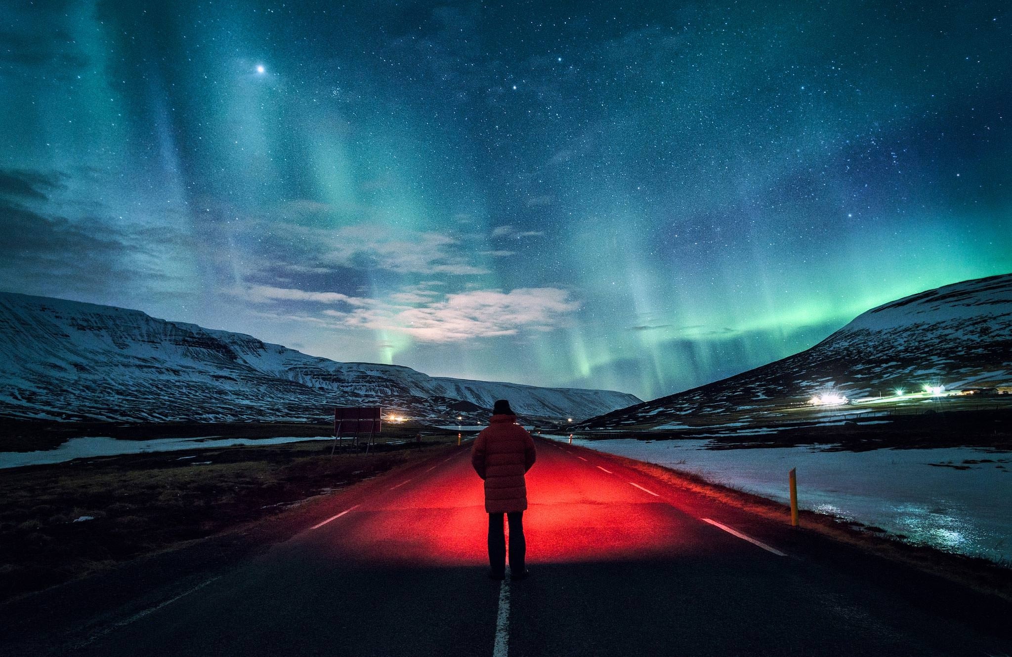 General 2048x1331 landscape photography nature starry night mountains snow road storm lights winter sky cyan red asphalt low light outdoors