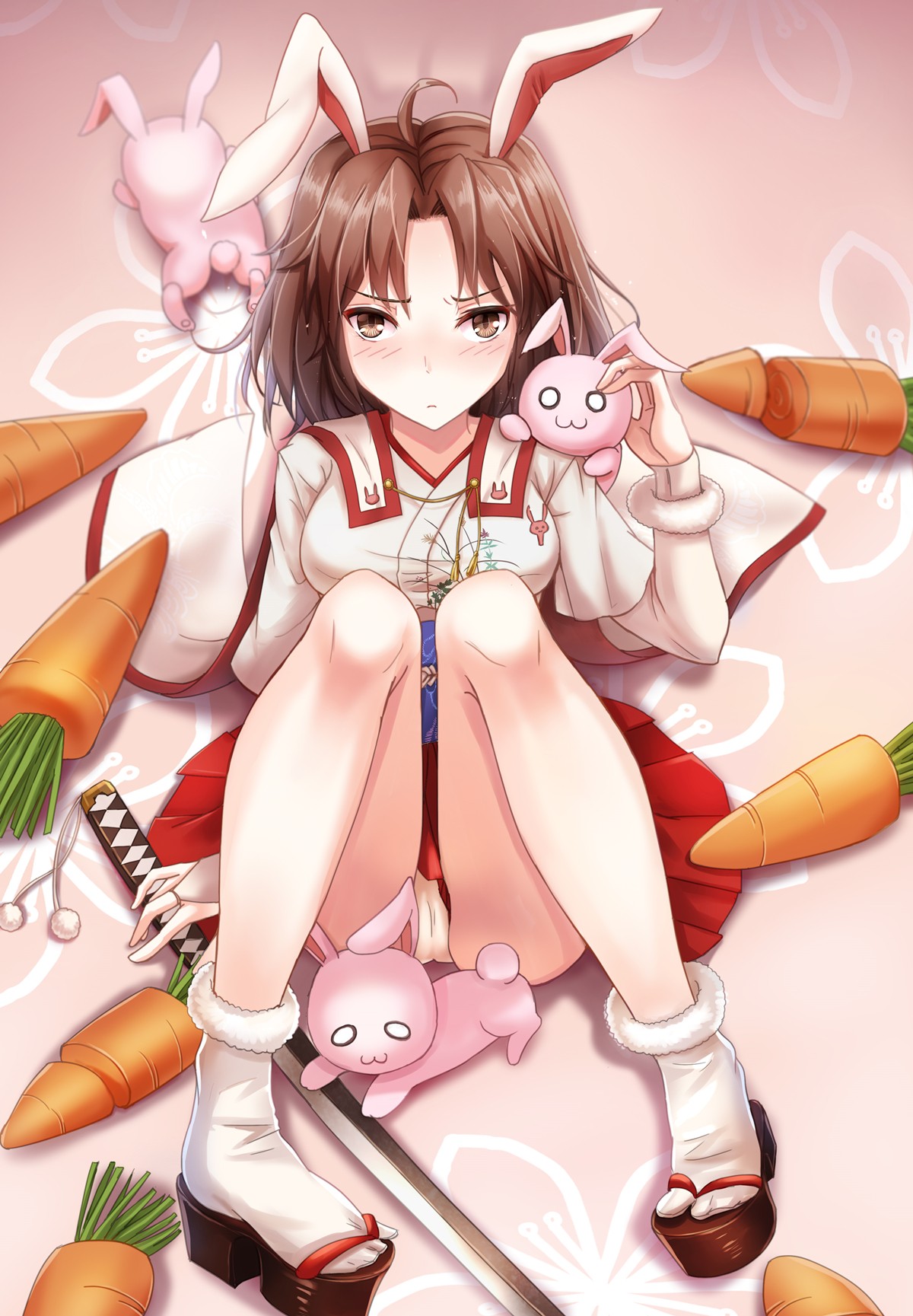 Anime 1200x1729 anime anime girls Fate/Grand Order bunny ears legs long hair brown eyes Pixiv knees thighs carrots food vegetables bunny girl rabbits animals mammals looking at viewer brunette