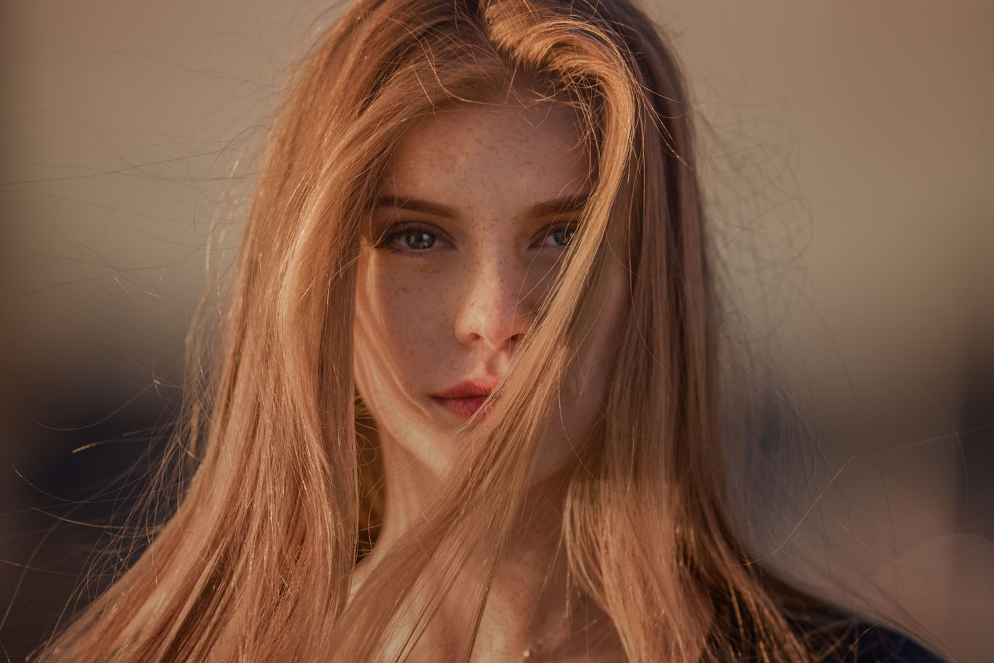 People 1440x961 women portrait freckles face redhead model blonde hair in face blurred