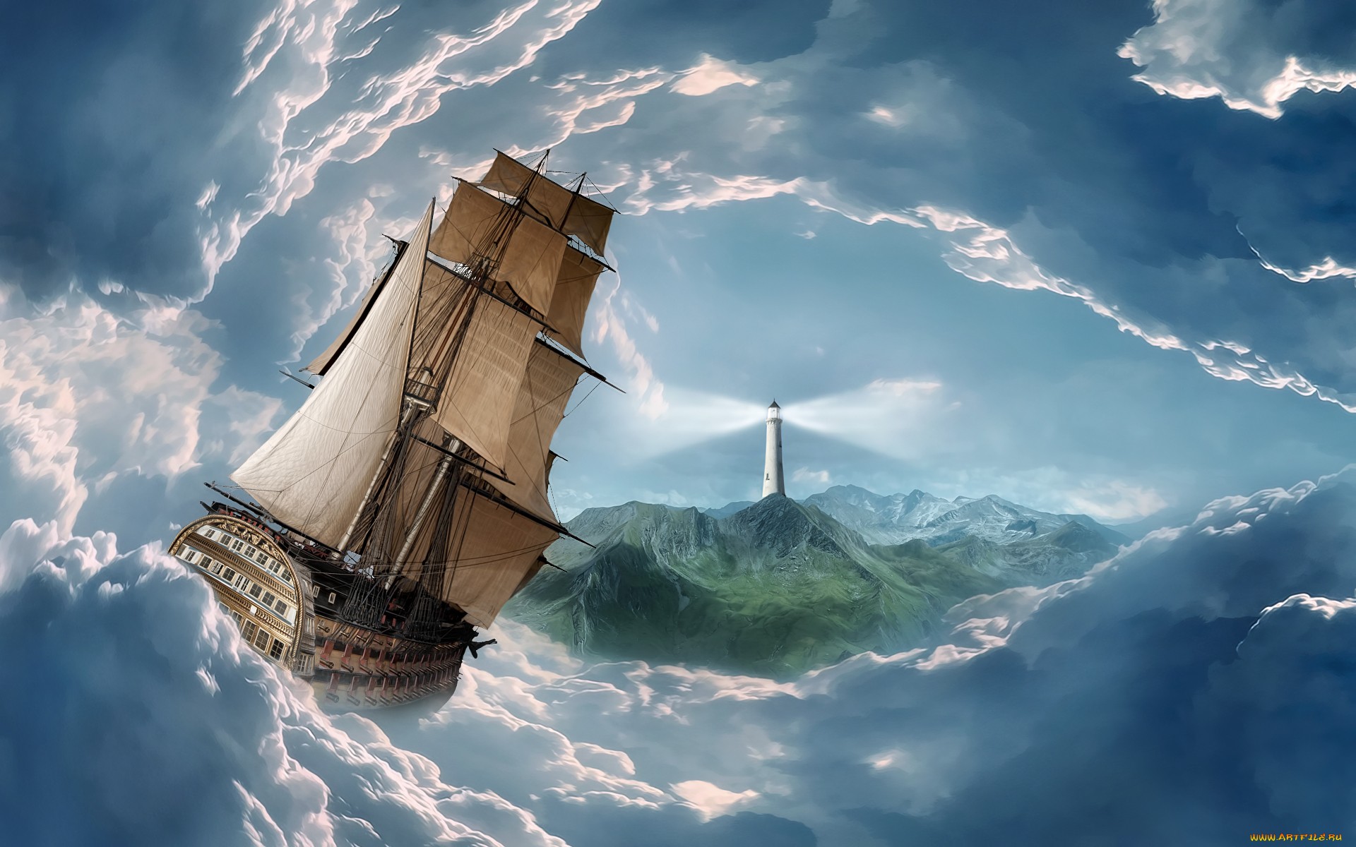 General 1920x1200 sailing ship sea lighthouse fantasy art ship artwork