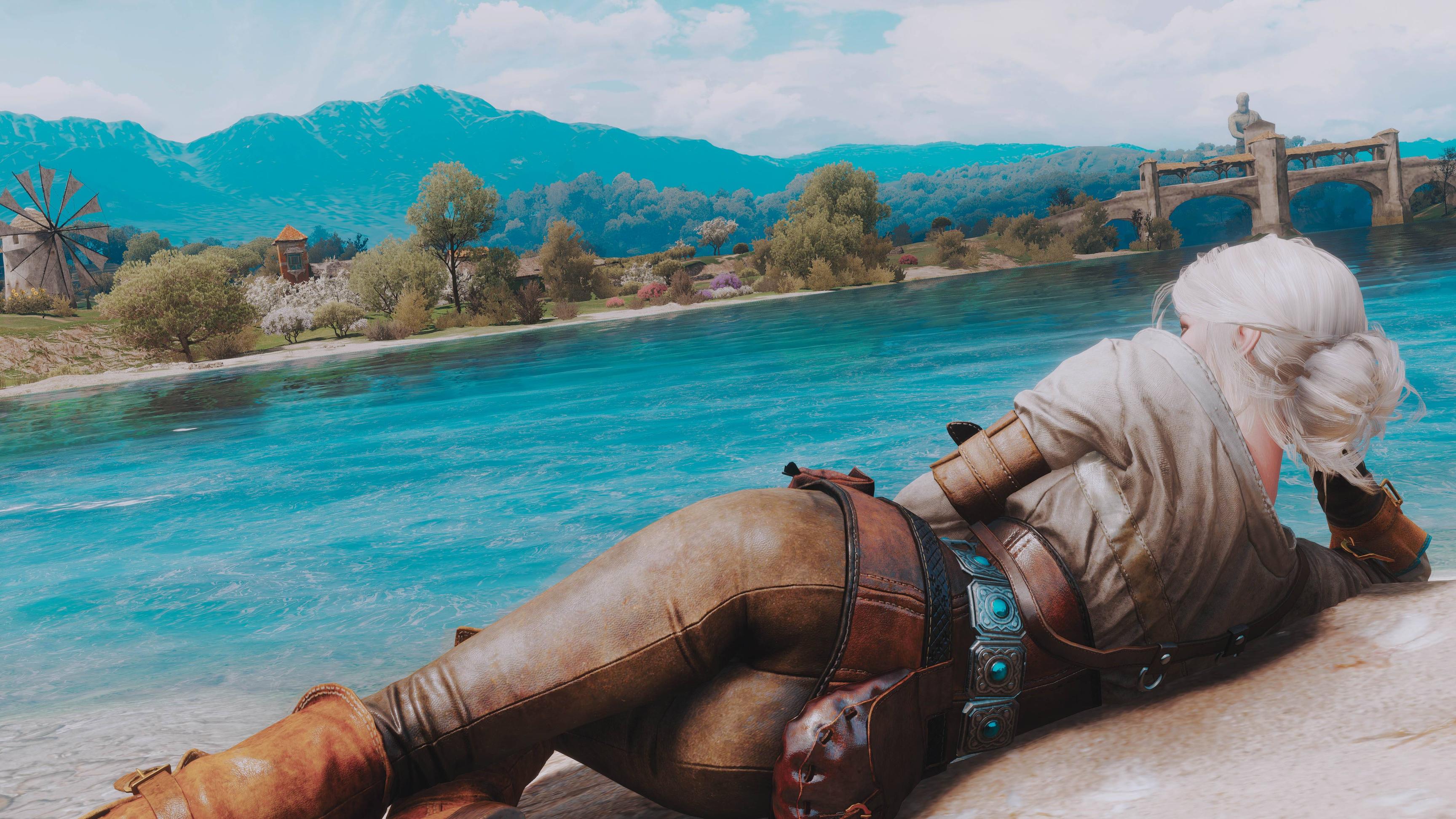 General 3456x1944 ass white hair water fantasy girl women lying on side Cirilla Fiona Elen Riannon The Witcher The Witcher 3: Wild Hunt screen shot video games video game girls video game characters tied hair leather pants  leather boots