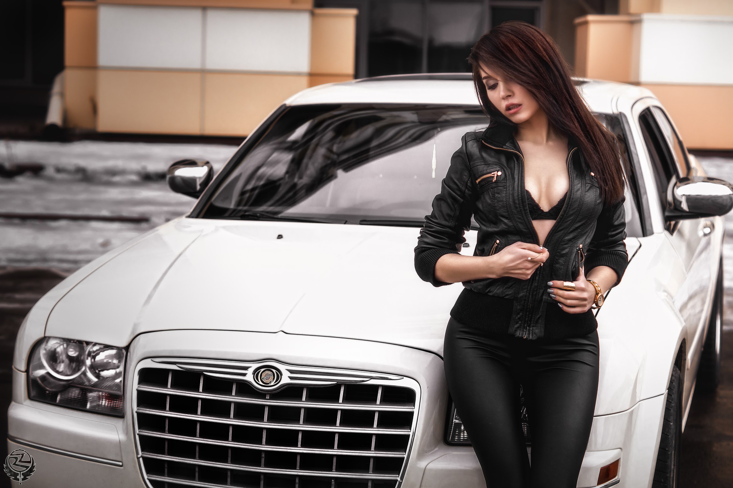 People 2560x1707 women black clothing black bras leather jacket car portrait women outdoors Chrysler 300 long hair straight hair women with cars boobs vehicle looking away hair over one eye Chrysler white cars American cars