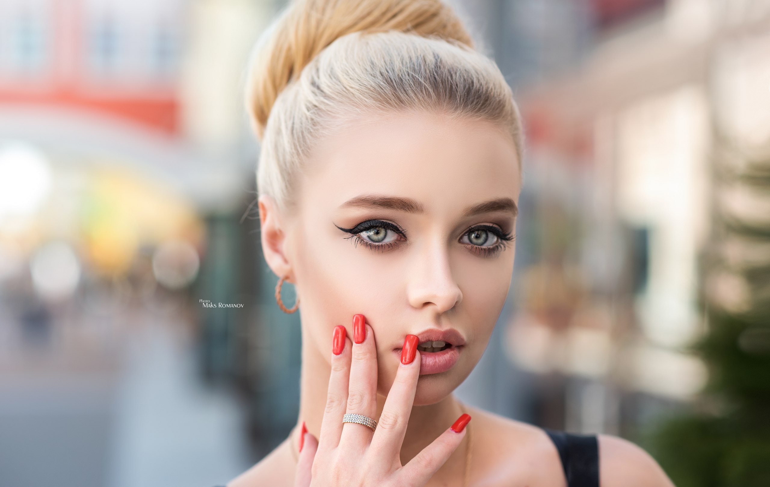 People 2560x1620 women face portrait depth of field red nails Maxim Romanov eyeliner blonde Anastasia Zajarova model
