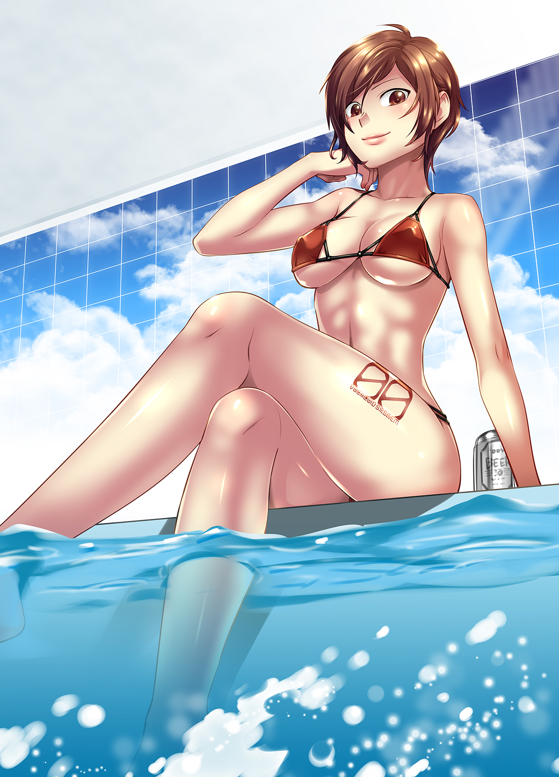 Anime 1134x1577 Meiko (vocaloid) Vocaloid cleavage bikini swimming pool beer