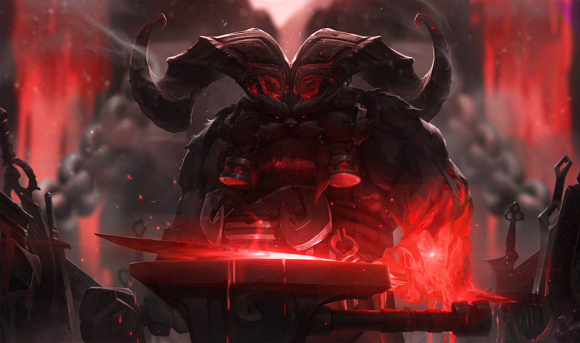 General 1920x1135 Summoner's Rift firefight Ornn (League Of Legends) digital art video games video game characters red video game art standing hammer weapon sword horns beard blurred blurry background muscles looking at viewer