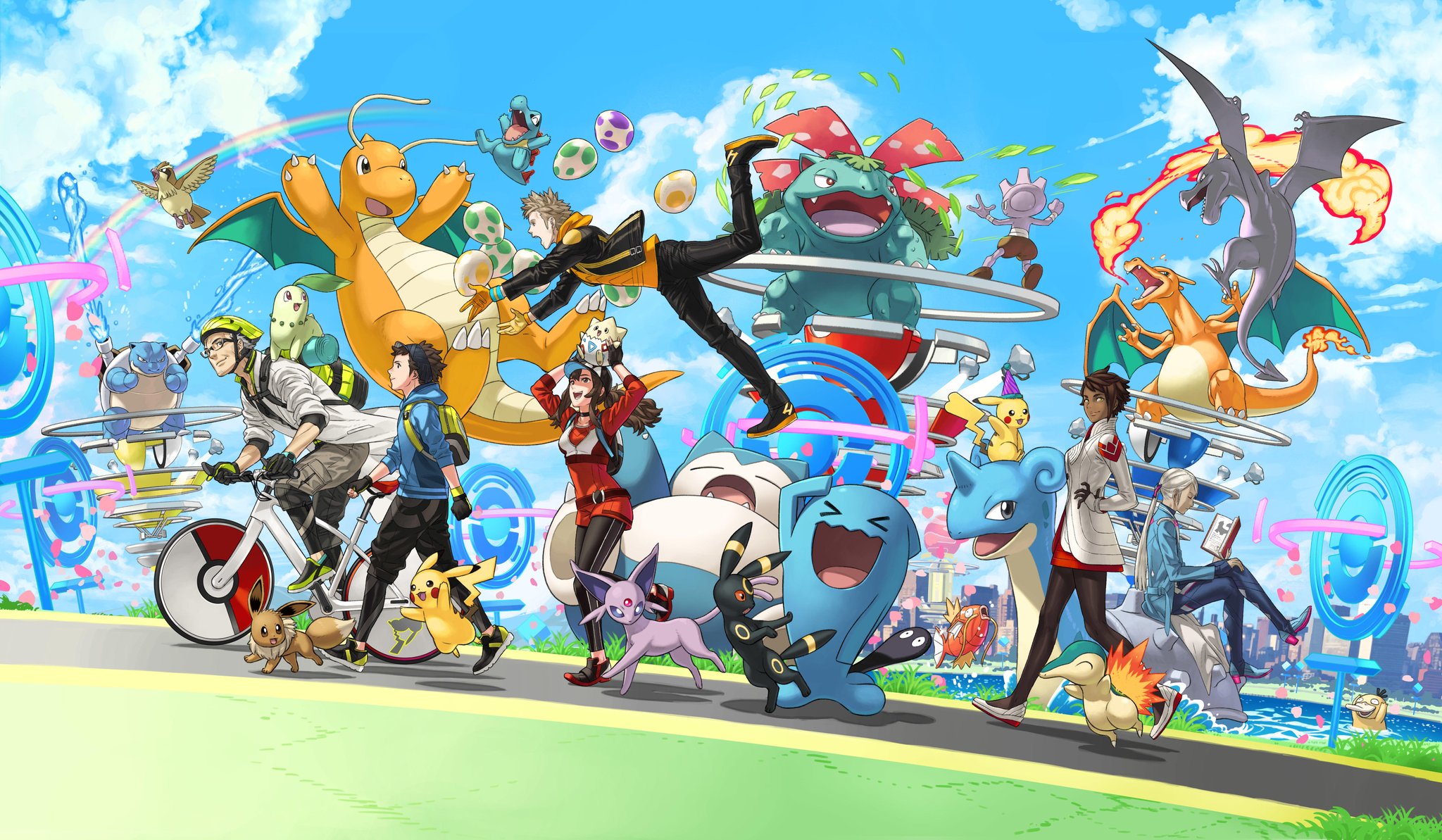 Anime 2048x1193 Pokémon Pokémon Go video games clouds sky bicycle walking