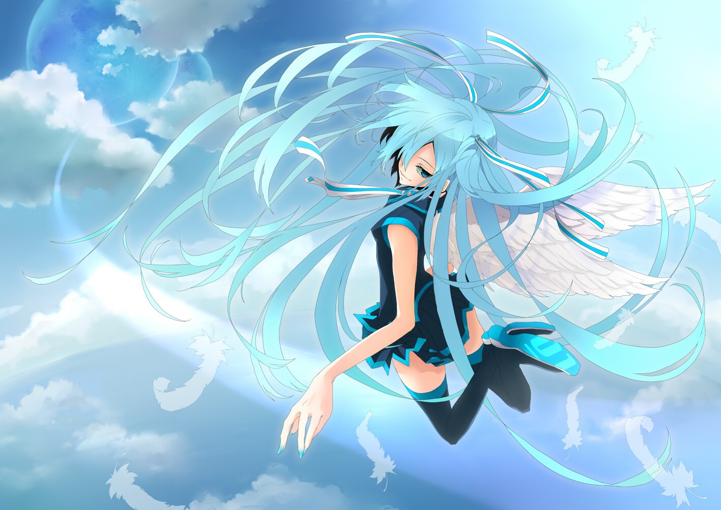 Anime 1414x1000 anime anime girls Hatsune Miku Vocaloid blue hair long hair blue eyes smiling wings