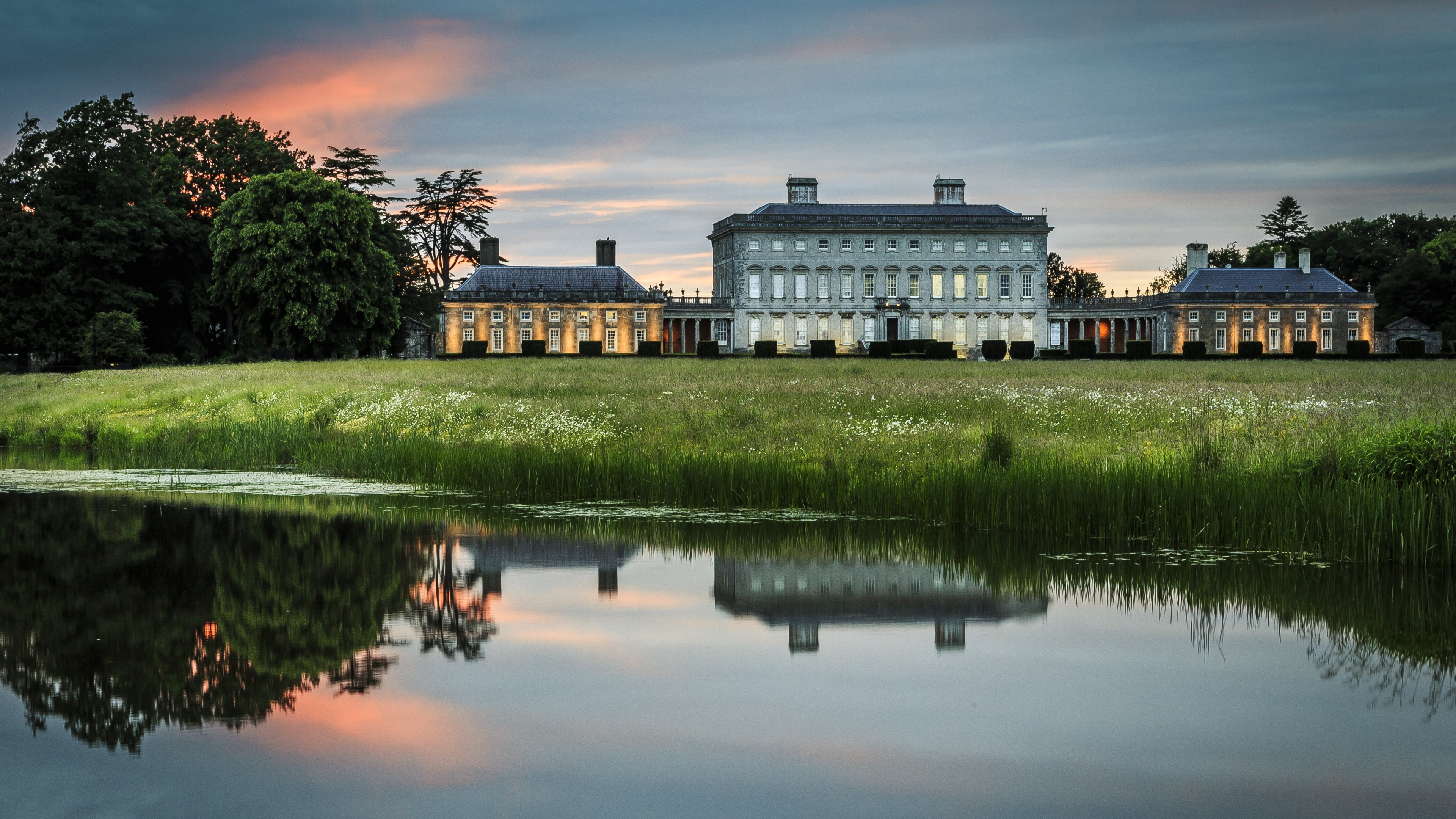 General 3840x2160 architecture building old building water Ireland mansions lake reflection nature landscape sunset field trees