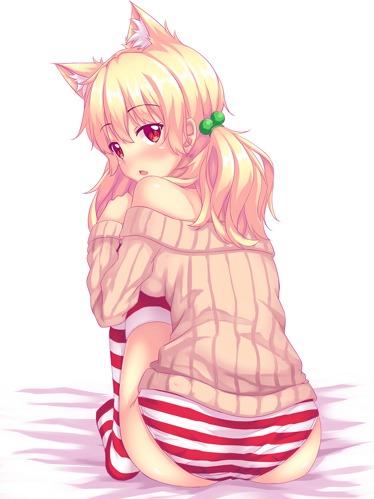 Anime 1200x1600 anime anime girls Naala animal ears long hair blonde red eyes sweater stockings fast-runner-2024 striped panties thigh-highs