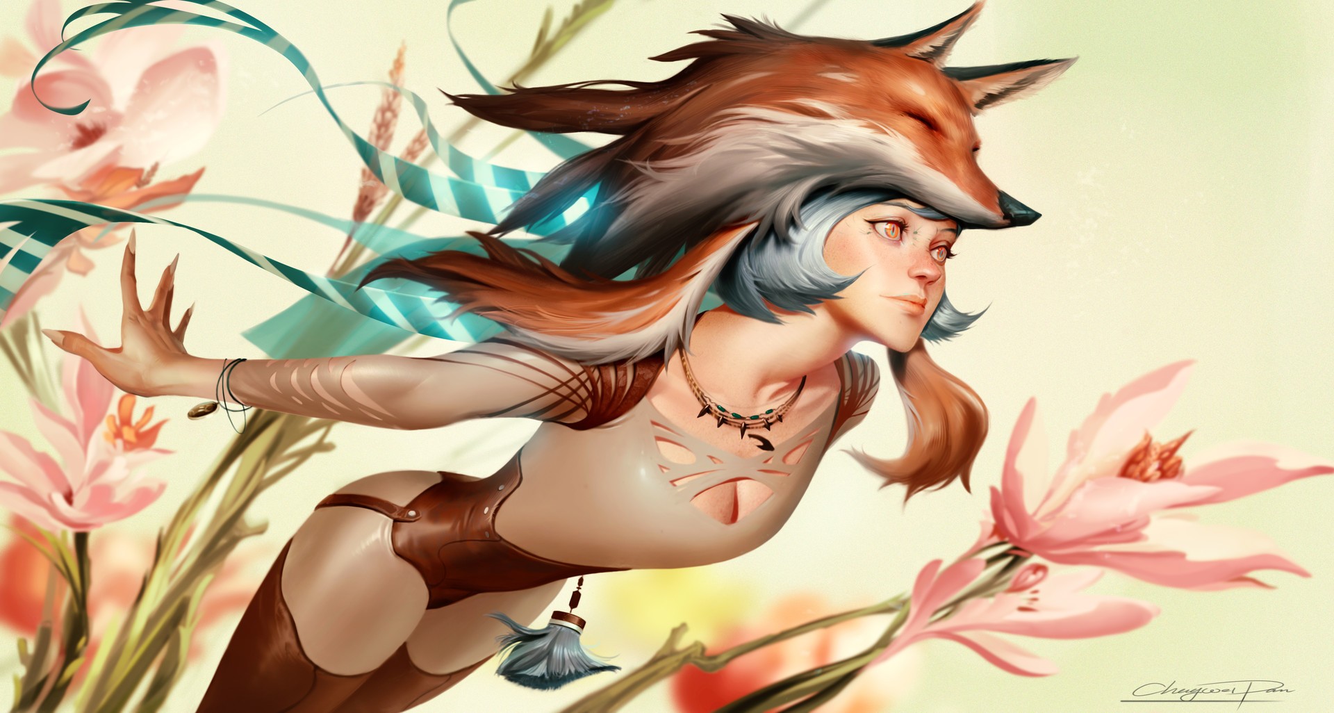 General 1920x1026 fox fantasy girl fantasy art blue hair