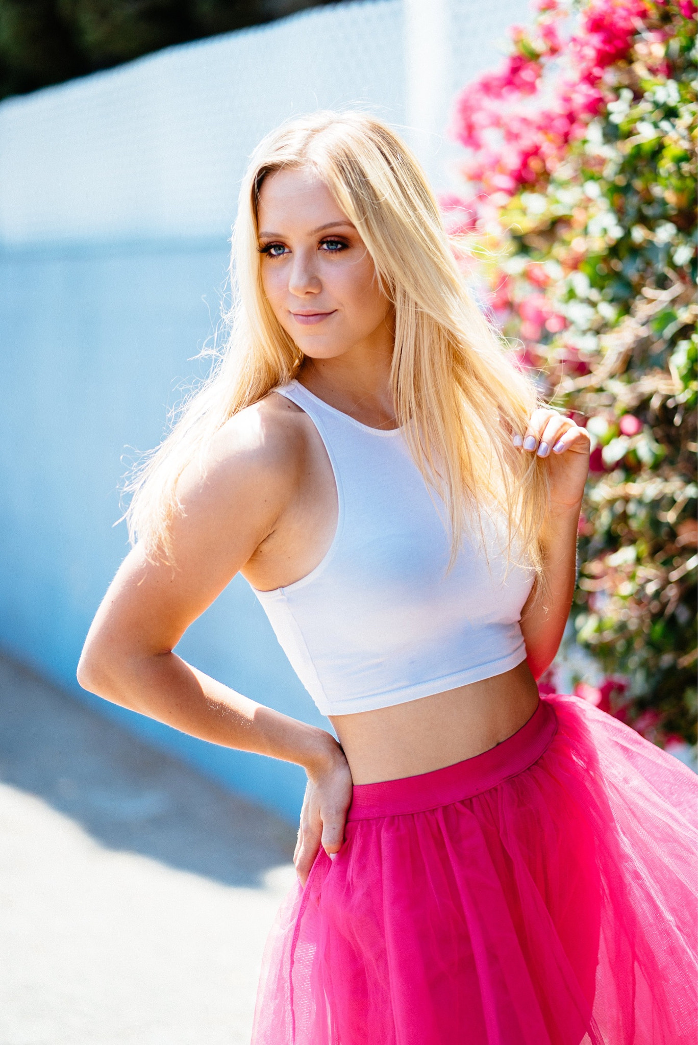 People 1368x2048 Anthony Dalesandro blonde plants women long hair 500px blue eyes women outdoors white tops smiling pink skirt looking into the distance looking away