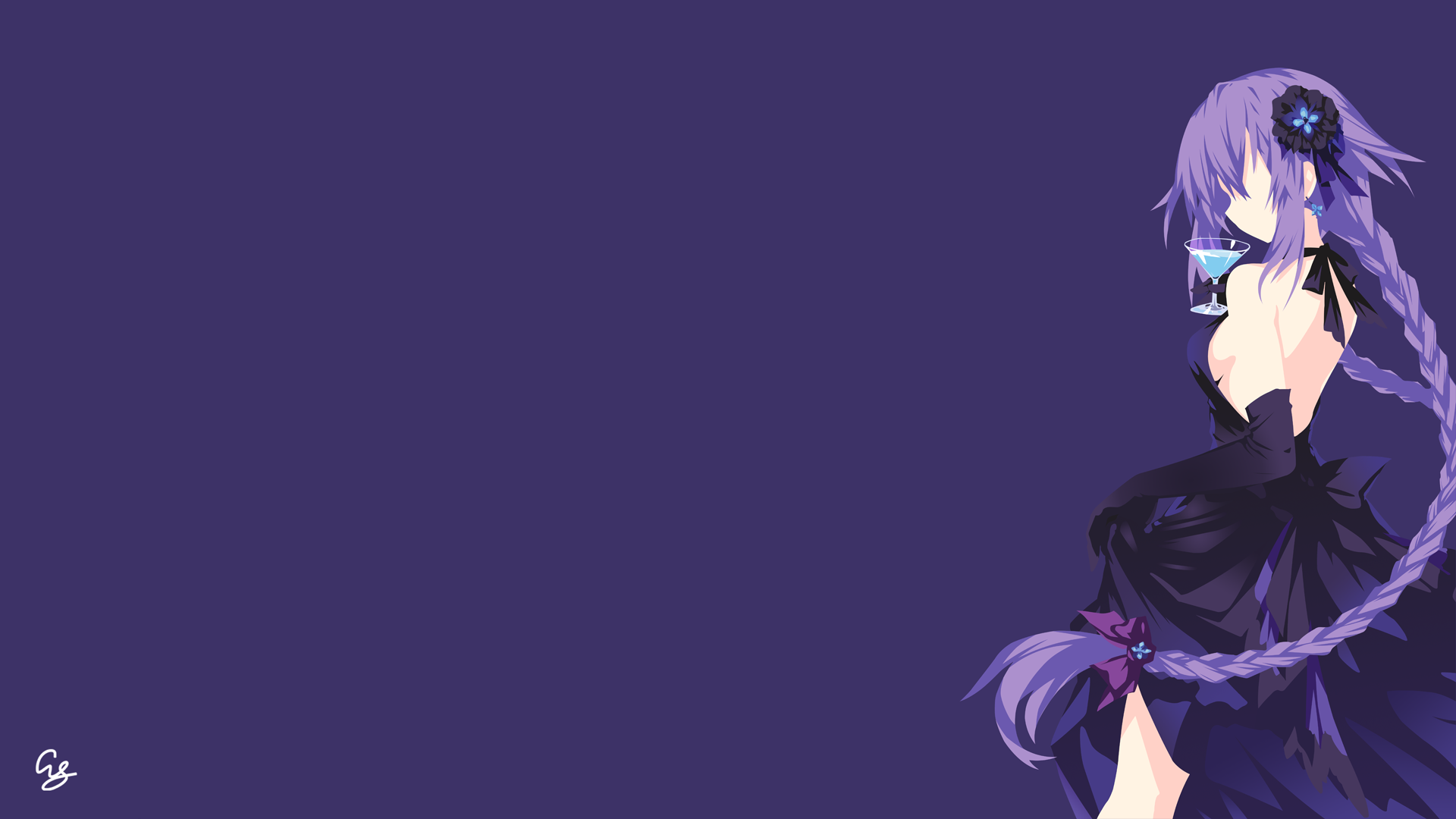 Anime 1920x1080 anime anime girls minimalism simple background Neptune (Hyperdimension Neptunia) Purple Heart Hyperdimension Neptunia long hair purple hair twintails back dress drink sideboob gloves lifting dress hair ornament earring standing