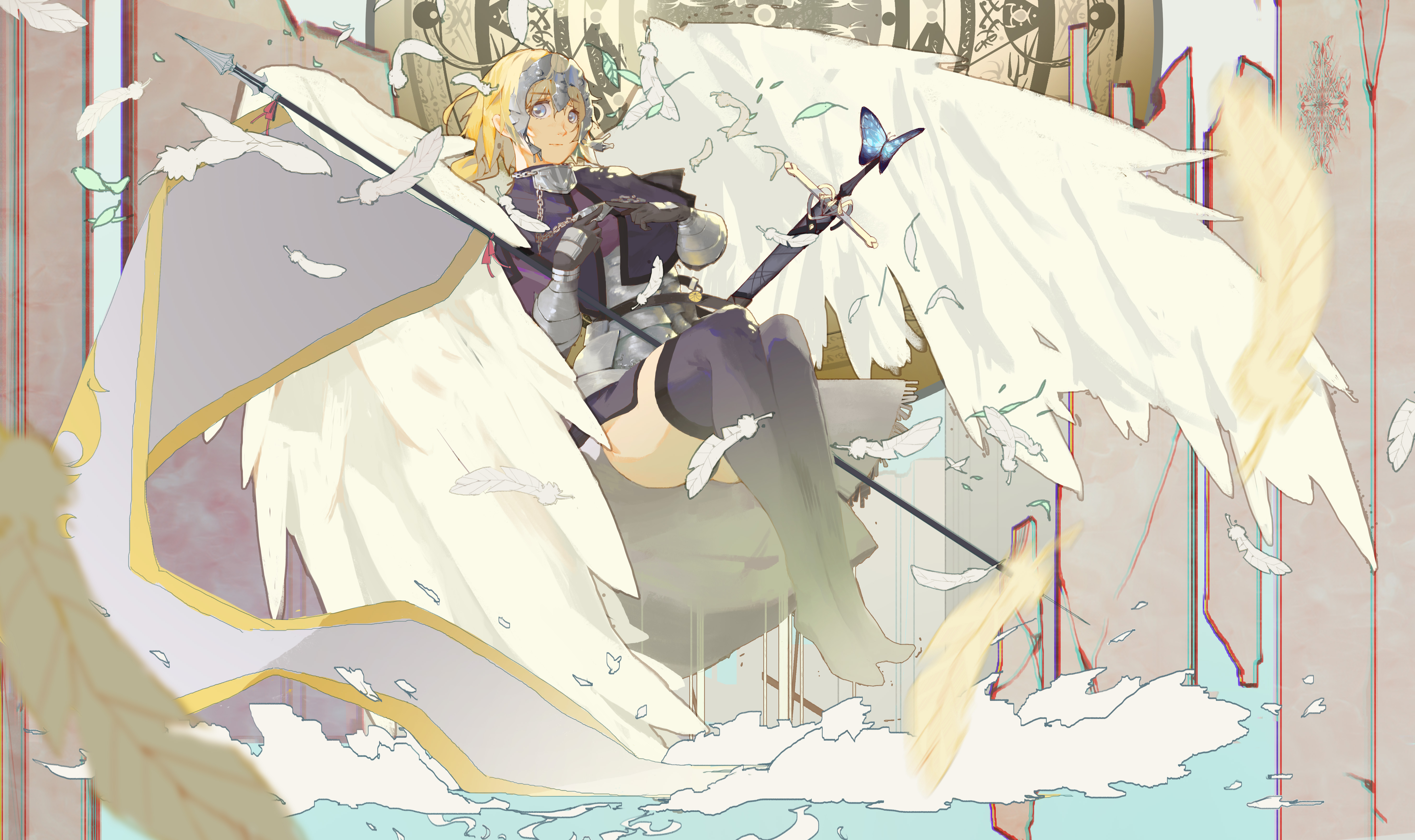 Anime 5906x3508 Fate series Fate/Apocrypha  anime girls female warrior women with swords thighs feathers angel wings Fate/Grand Order 2D armored woman anime big boobs blue eyes bangs long hair braided hair blue stockings gauntlets Jeanne d'Arc (Fate) Ruler (Fate/Apocrypha) looking at viewer glutes curvy fan art floating strategic covering blonde