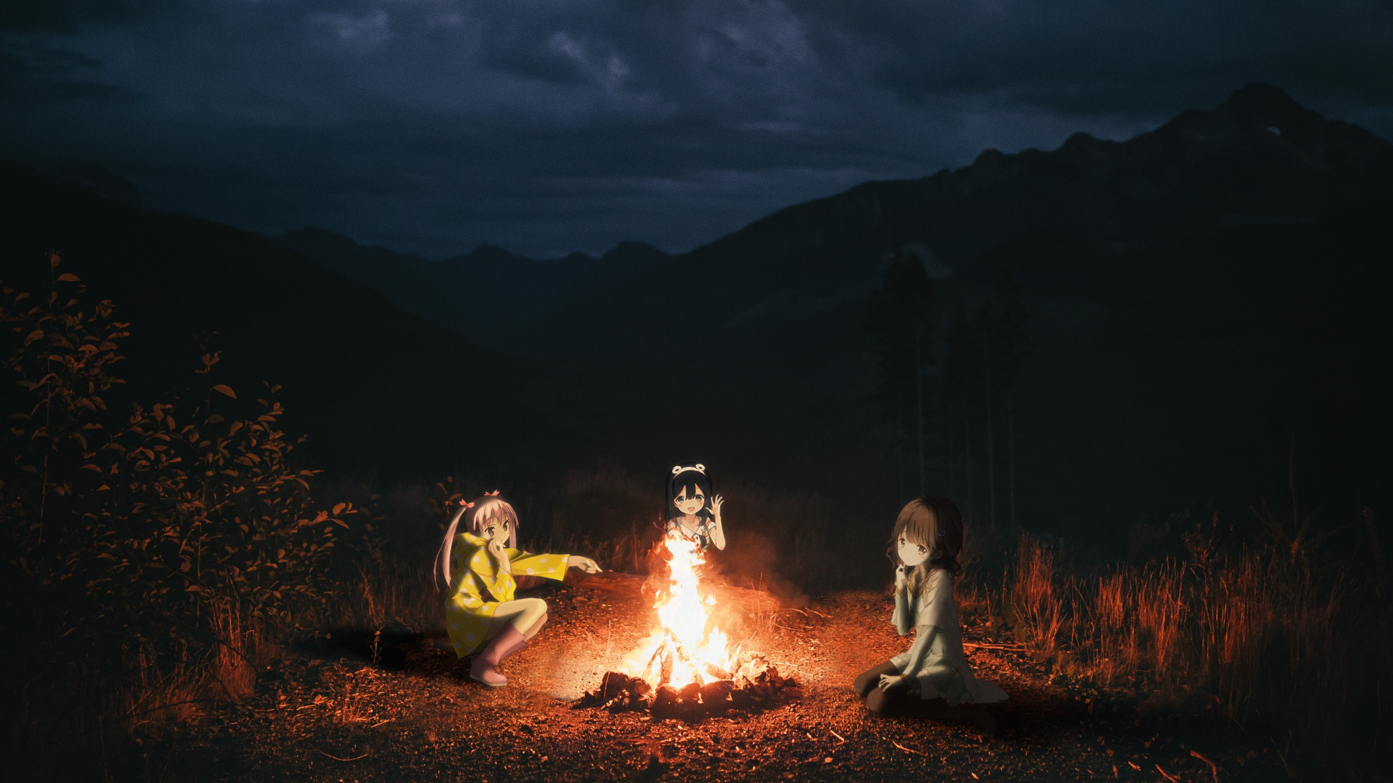Anime 1987x1118 anime girls mountains Kantoku grass campfire
