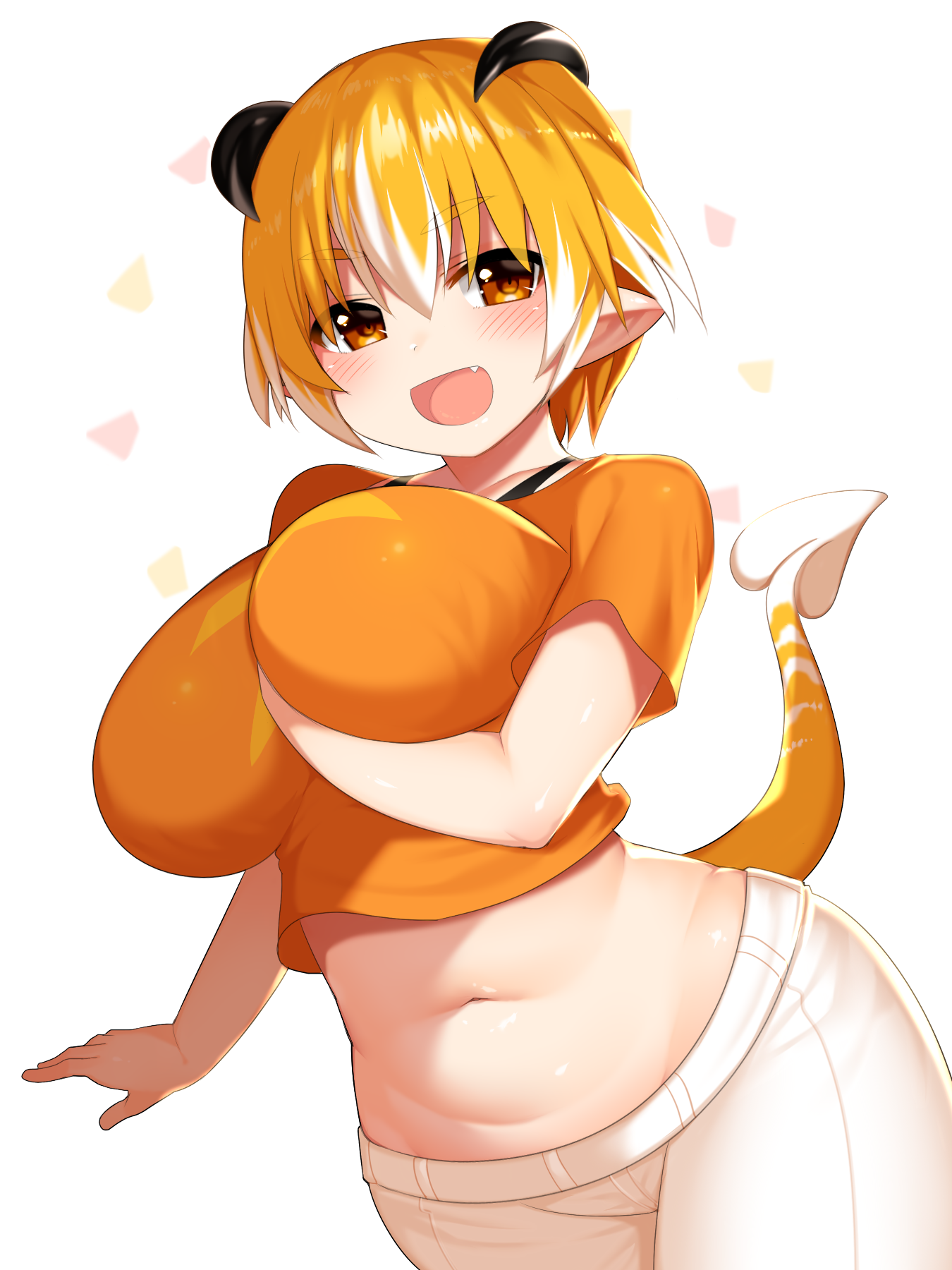 Anime 1350x1800 holding boobs horns pointy ears tail white background