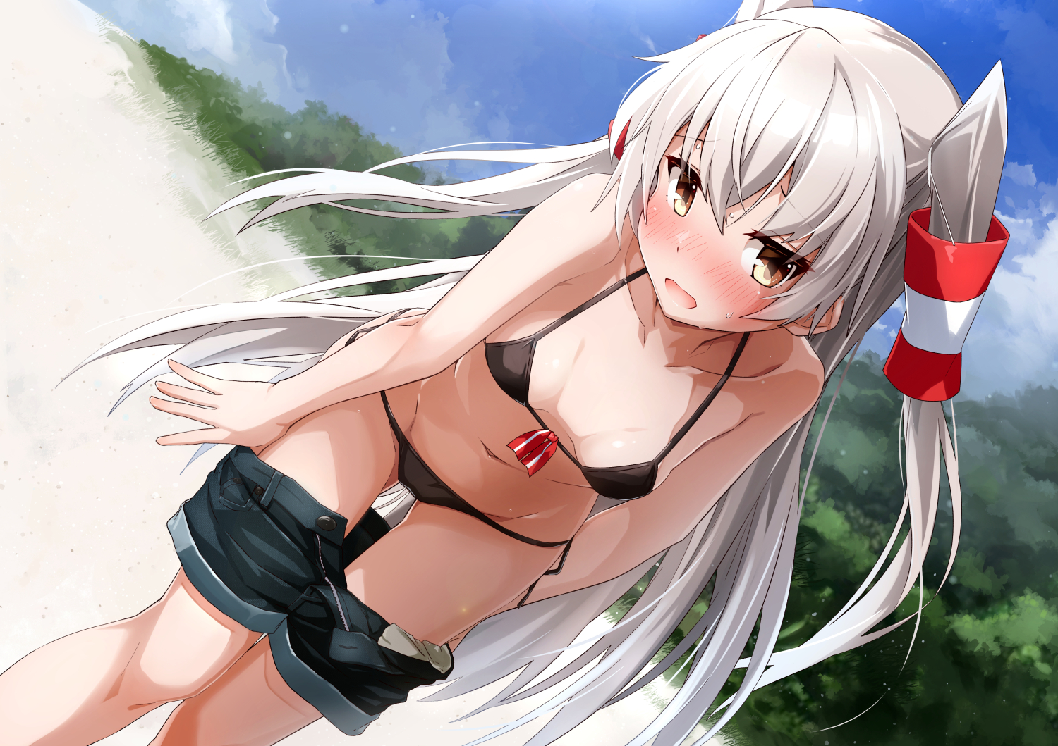 Anime 1500x1059 Amatsukaze (Kancolle) Kantai Collection sky thong black panties thigh-highs long hair hair ornament open mouth shorts embarrassed